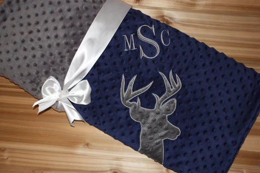 Buck- Personalized Minky Baby Blanket - Navy / Grey Minky - Embroidered Buck