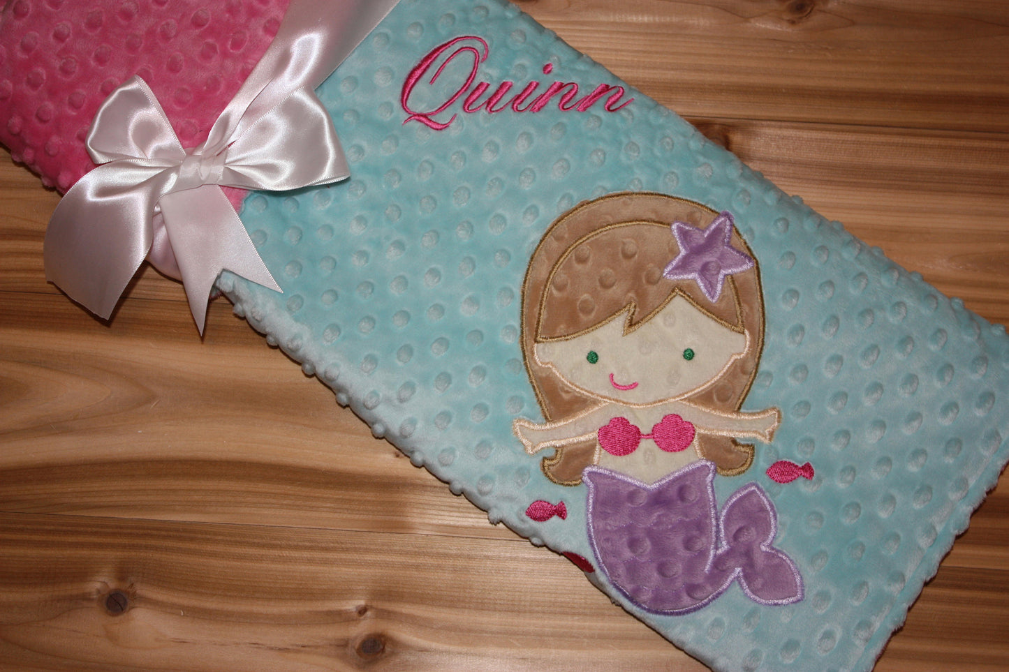 Mermaid- Personalized Minky Baby Blanket - Pink / Aqua  Minky - Embroidered Mermaid