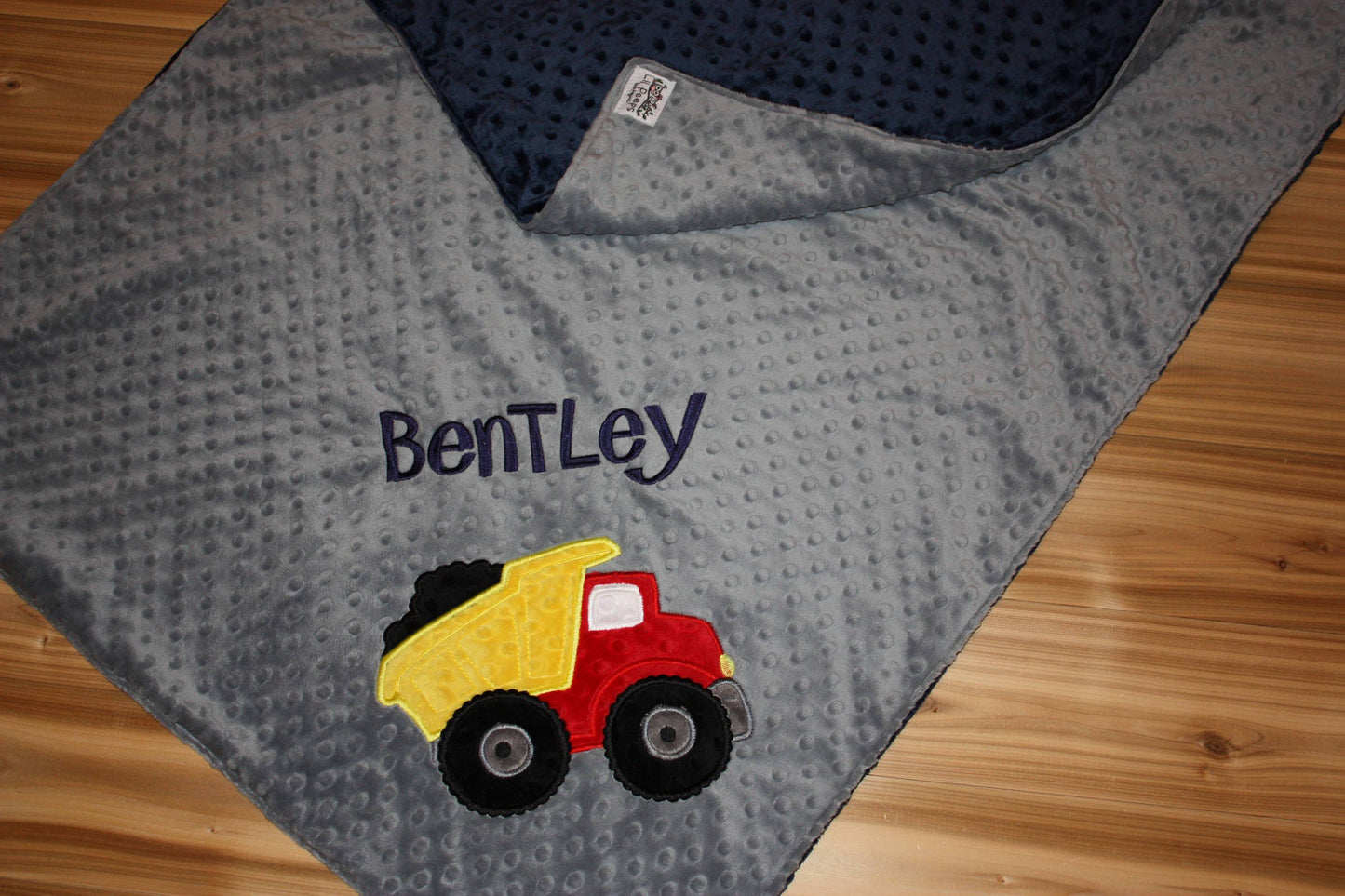 Dump Truck -Personalized Minky Baby Blanket - Navy Minky/ Gray Minky - Embroidered Dump Truck