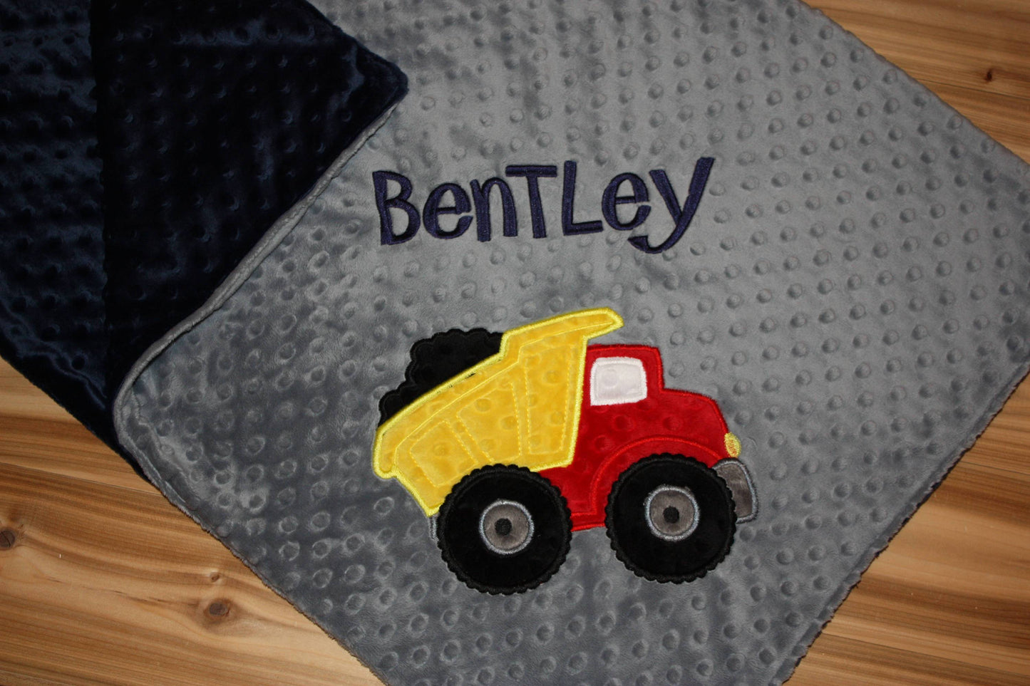 Dump Truck -Personalized Minky Baby Blanket - Navy Minky/ Gray Minky - Embroidered Dump Truck