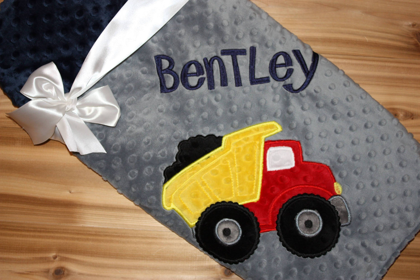 Dump Truck -Personalized Minky Baby Blanket - Navy Minky/ Gray Minky - Embroidered Dump Truck