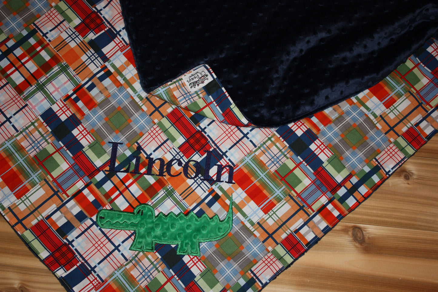 Alligator -Personalized Navy Minky Baby Blanket with Embroidered Alligator- Madras Plaid - Alligator Madras