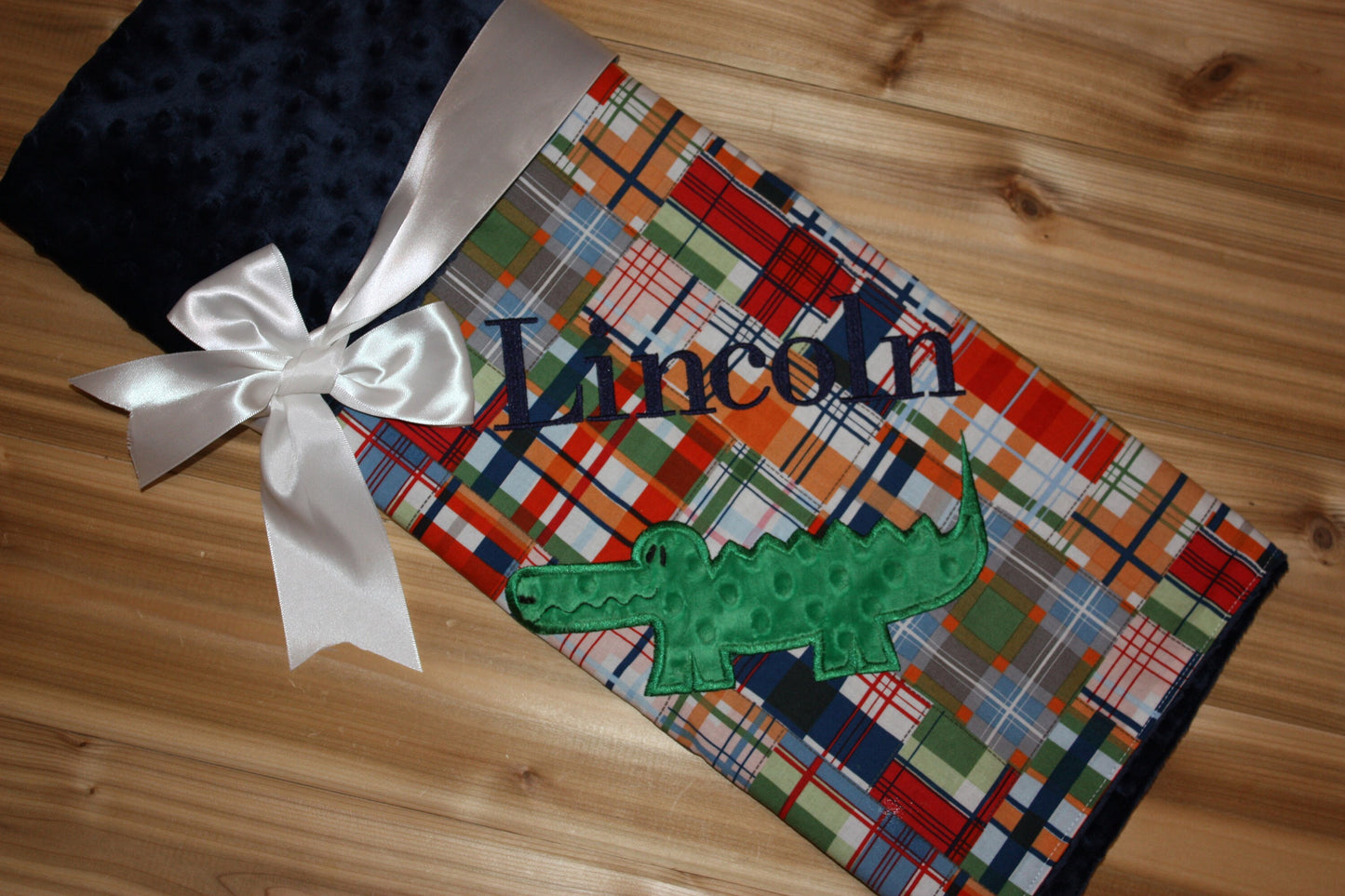 Alligator -Personalized Navy Minky Baby Blanket with Embroidered Alligator- Madras Plaid - Alligator Madras