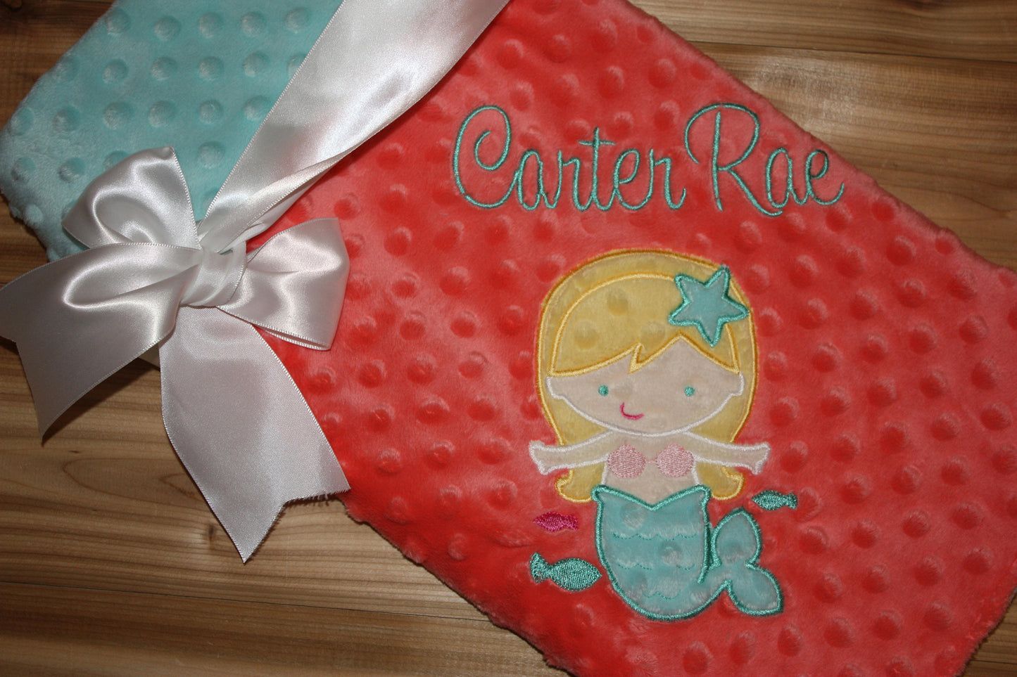 Mermaid- Personalized Minky Baby Blanket - Coral / Aqua  Minky - Embroidered Mermaid