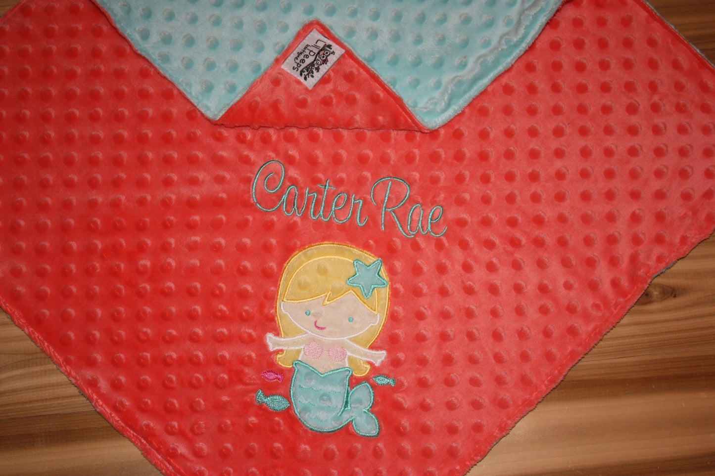 Mermaid- Personalized Minky Baby Blanket - Coral / Aqua  Minky - Embroidered Mermaid