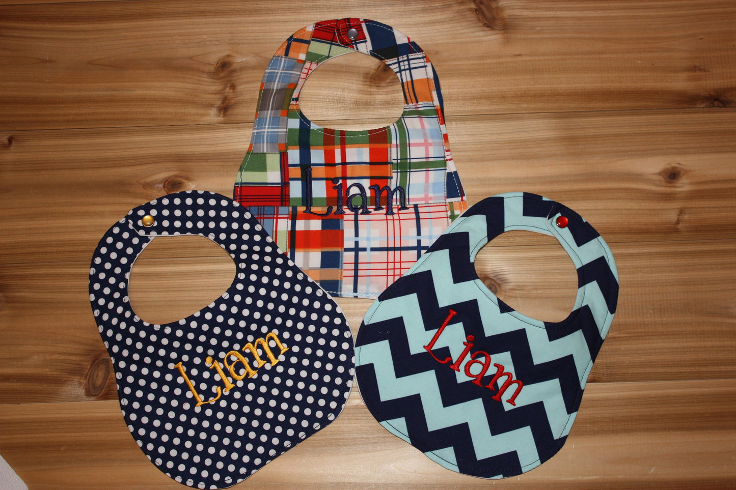 Set of 3 Personalized bibs - Madras, Navy Polka Dots, Navy and Aqua Chevron