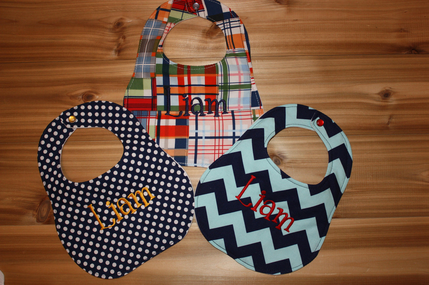 Set of 3 Personalized bibs - Madras, Navy Polka Dots, Navy and Aqua Chevron