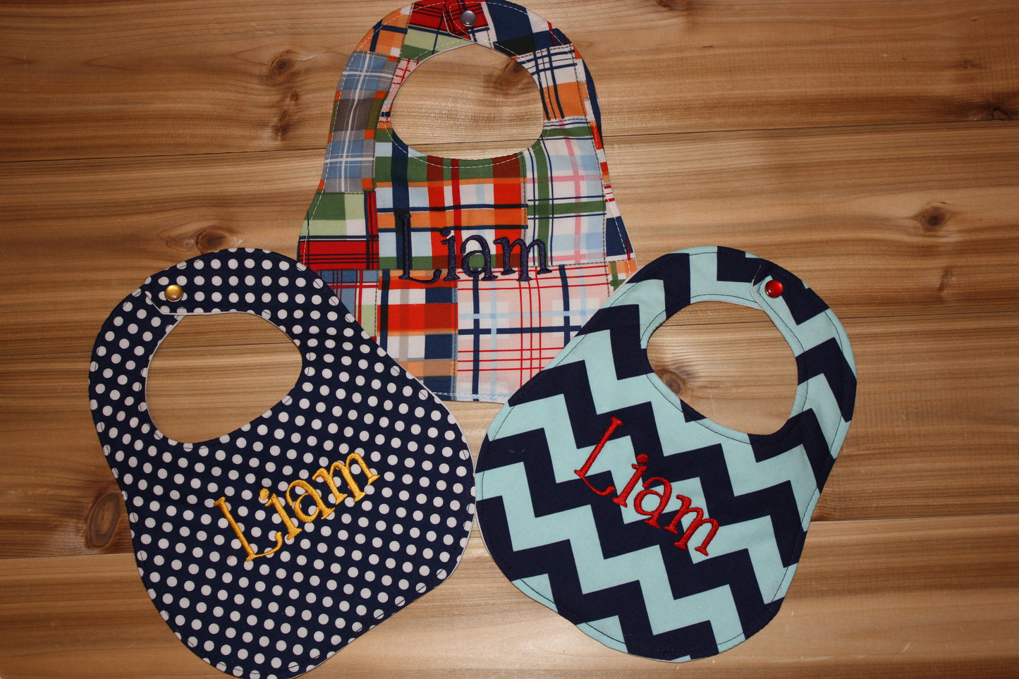 Set of 3 Personalized bibs - Madras, Navy Polka Dots, Navy and Aqua Chevron