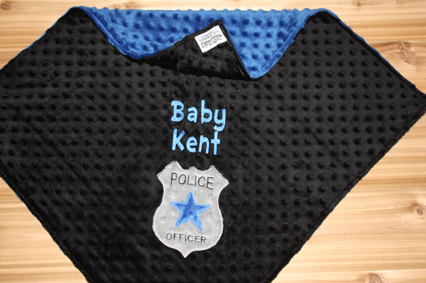 Police Badge - Personalized Minky Baby Blanket - Blue  / Black Minky - Embroidered Police Badge