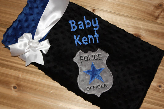 Police Badge - Personalized Minky Baby Blanket - Blue  / Black Minky - Embroidered Police Badge