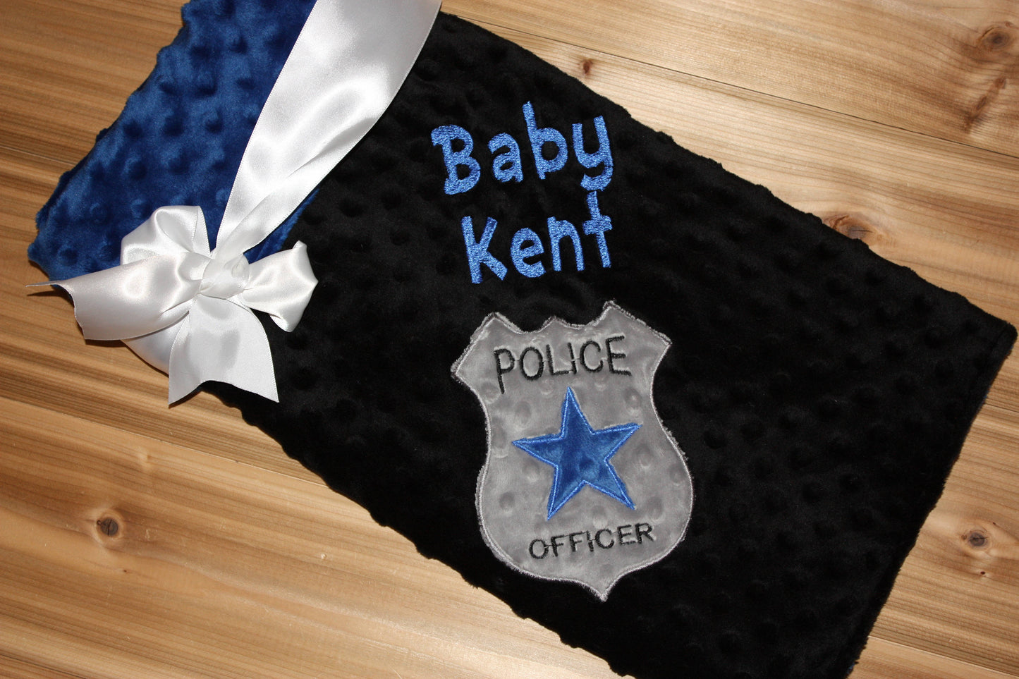 Police Badge - Personalized Minky Baby Blanket - Blue  / Black Minky - Embroidered Police Badge