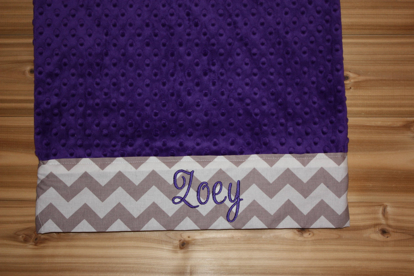 Personalized Minky Pillowcase  - Purple minky & Gray Chevron Trim