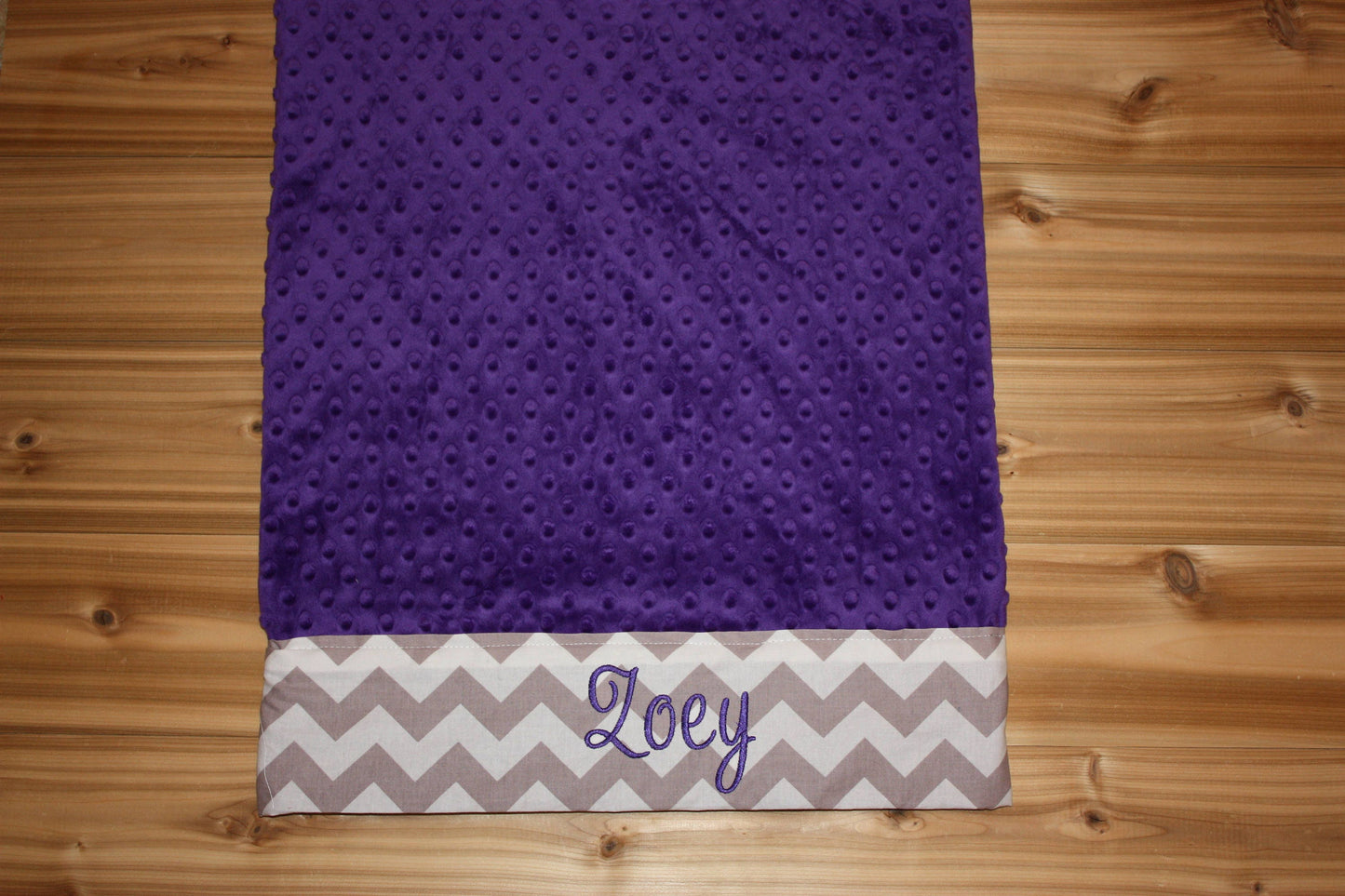 Personalized Minky Pillowcase  - Purple minky & Gray Chevron Trim