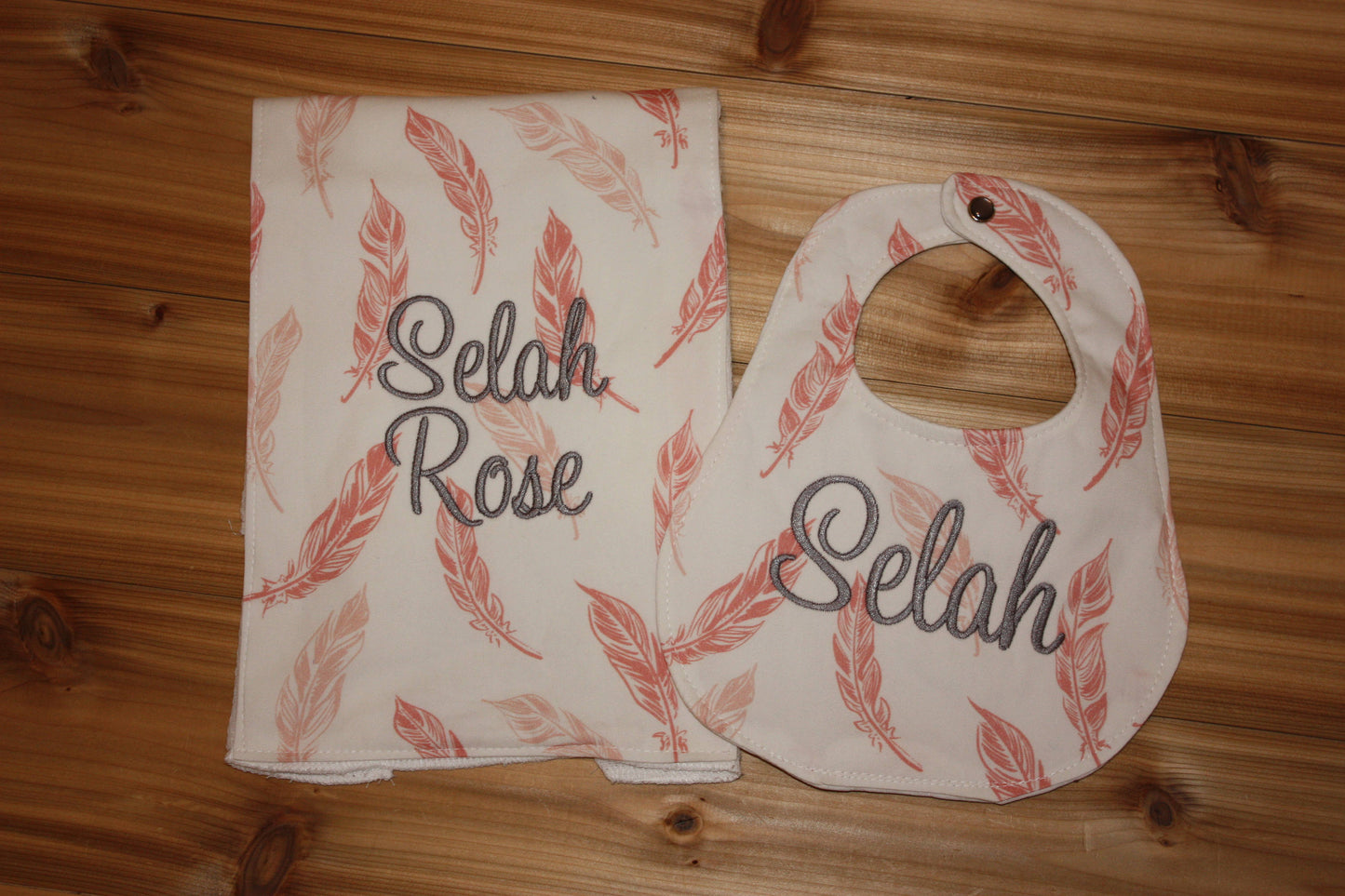 Coral and Pink Feathers Boutique Bib and Burp Cloth set - Personalized Bib & Burp