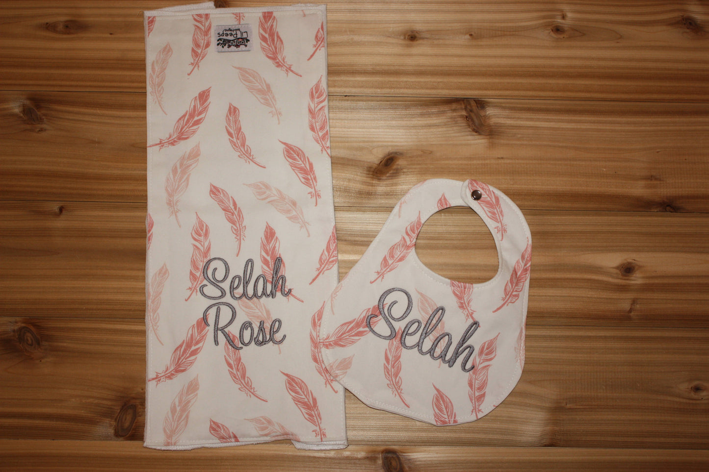 Coral and Pink Feathers Boutique Bib and Burp Cloth set - Personalized Bib & Burp