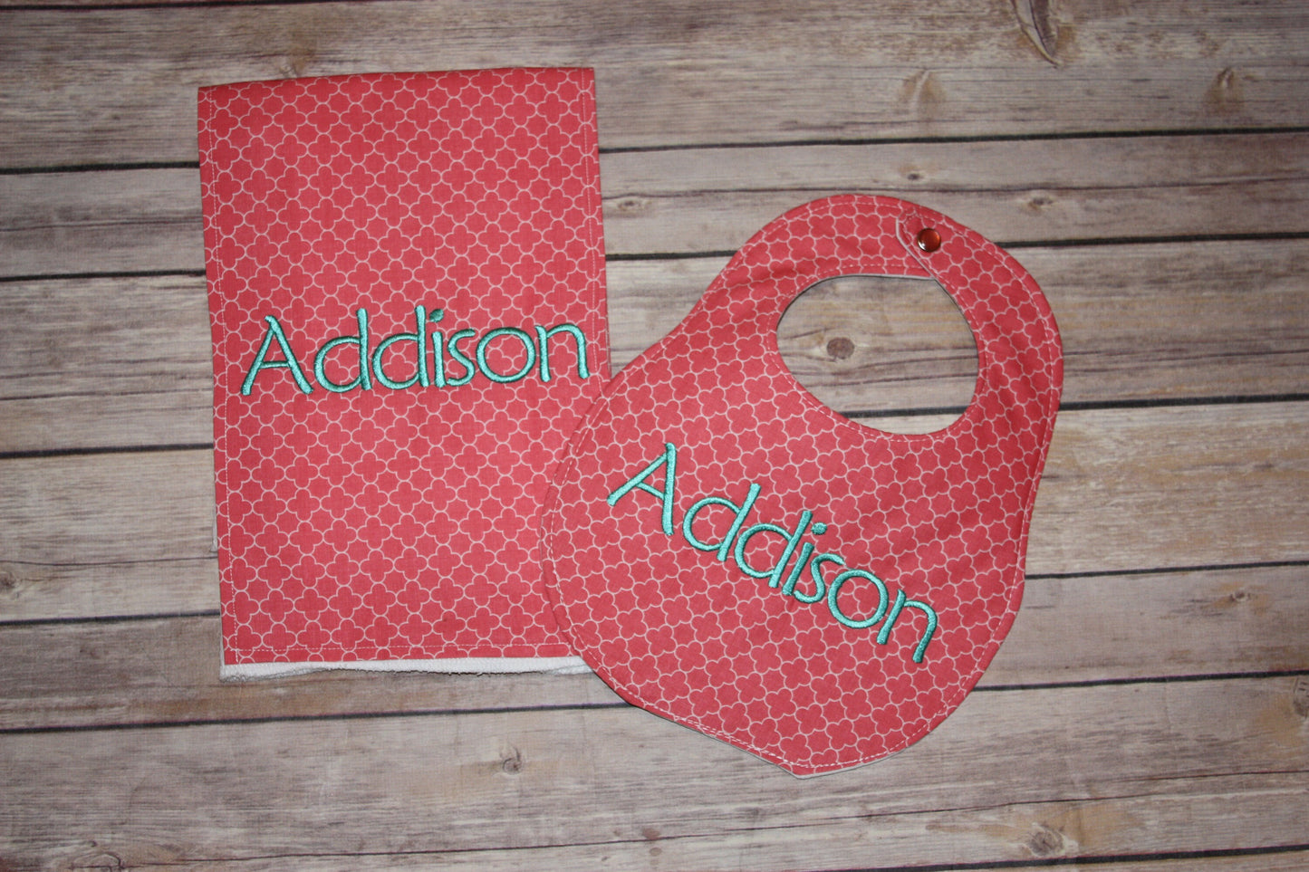 Coral Quatrefoil  - Personalized Boutique Bib and Burp cloth set