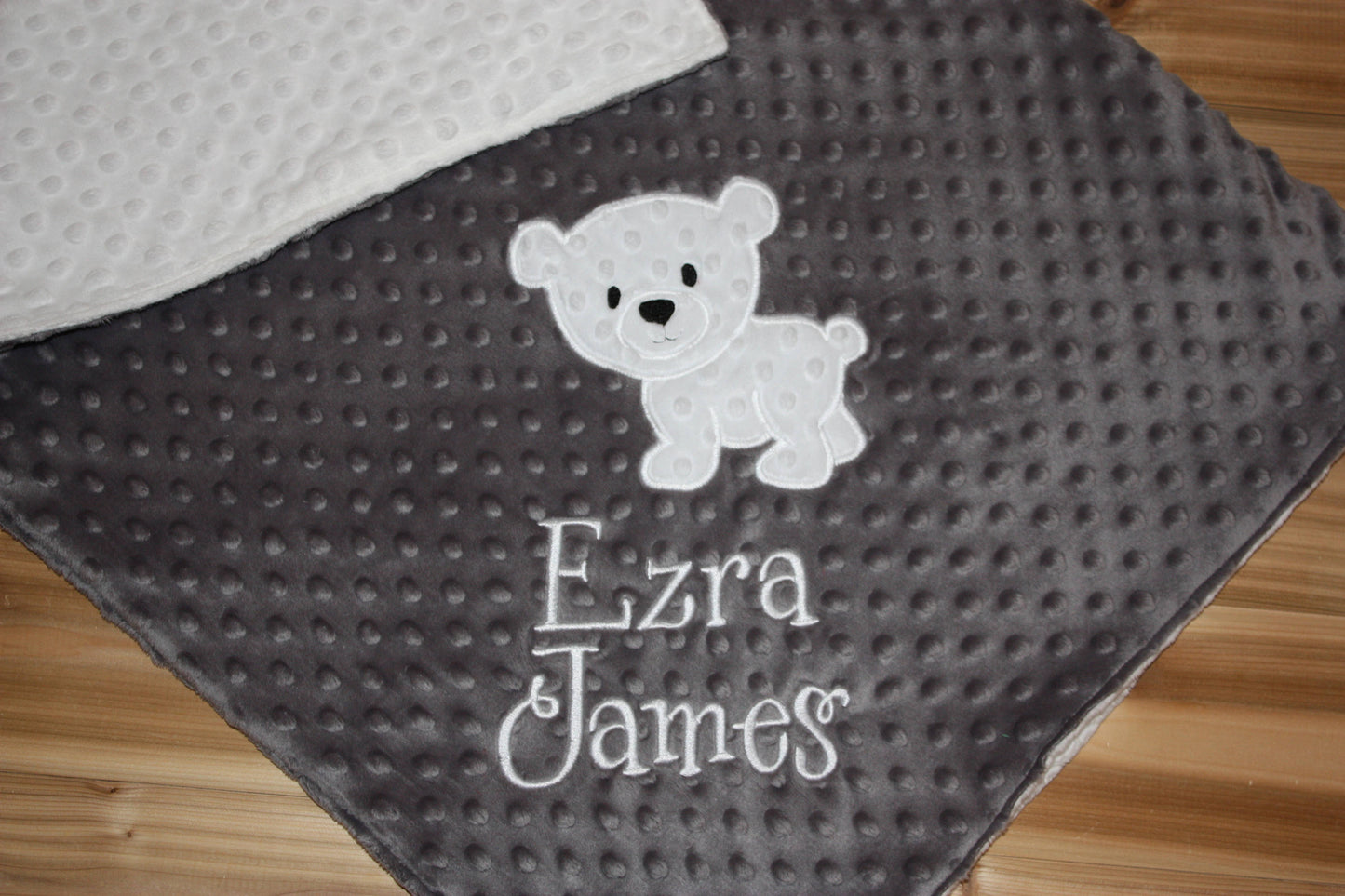 Polar Bear -Personalized Minky Baby Blanket - Grey / White  Minky - Embroidered Polar Bear