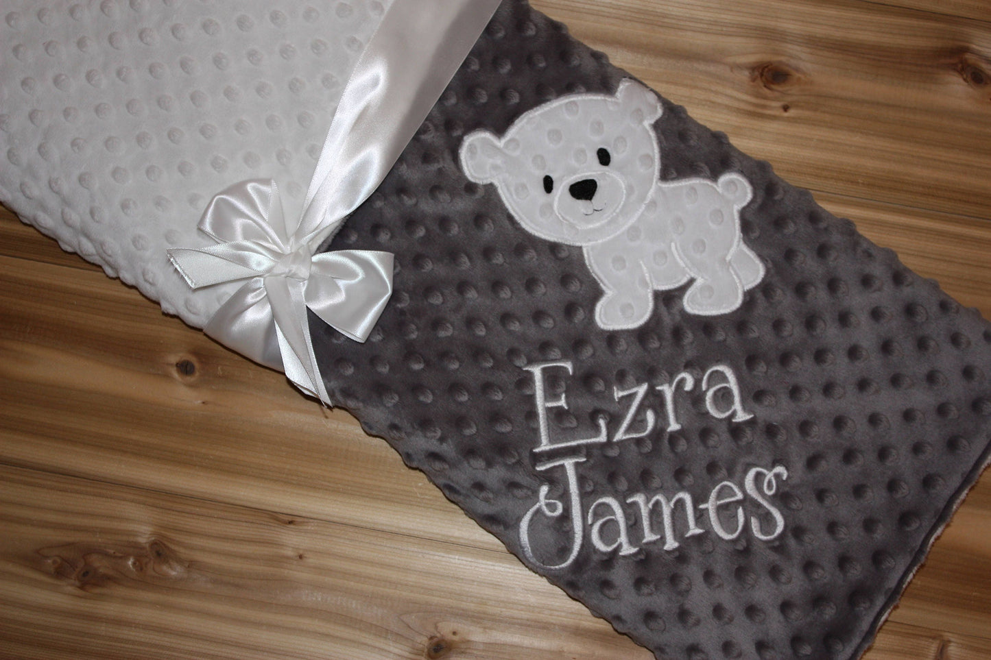 Polar Bear -Personalized Minky Baby Blanket - Grey / White  Minky - Embroidered Polar Bear