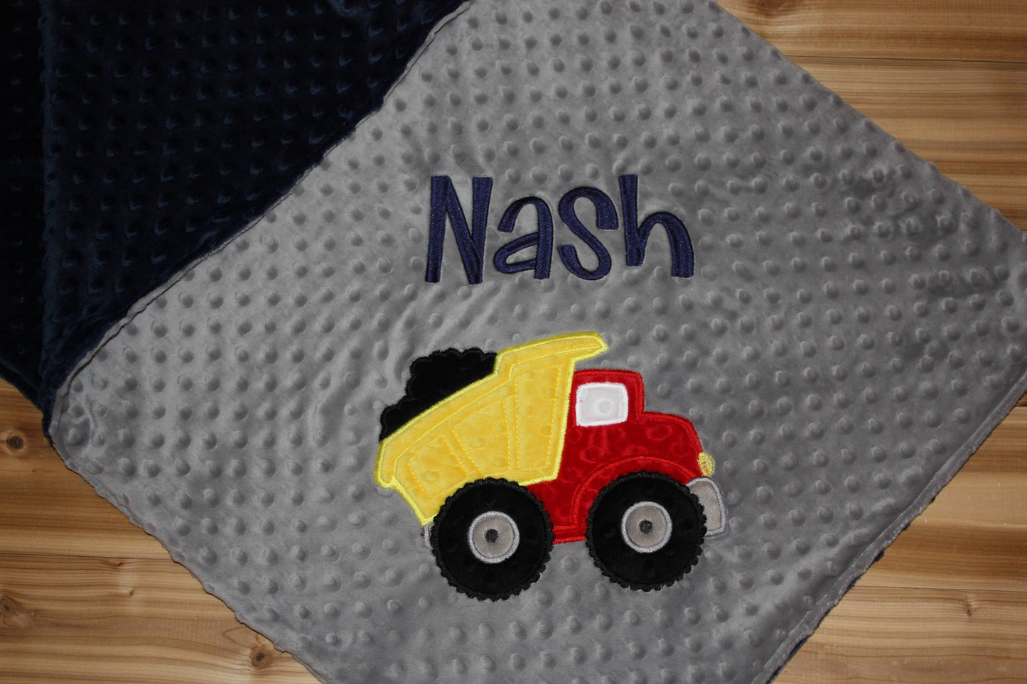 Dump Truck -Personalized Minky Baby Blanket - Navy Minky/ Gray Minky - Embroidered Dump Truck