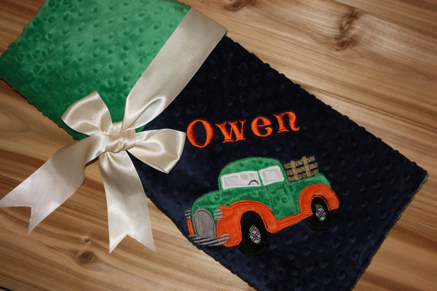 Antique Truck -Personalized Minky Baby Blanket - Green and orange Minky - Embroidered Antique Truck