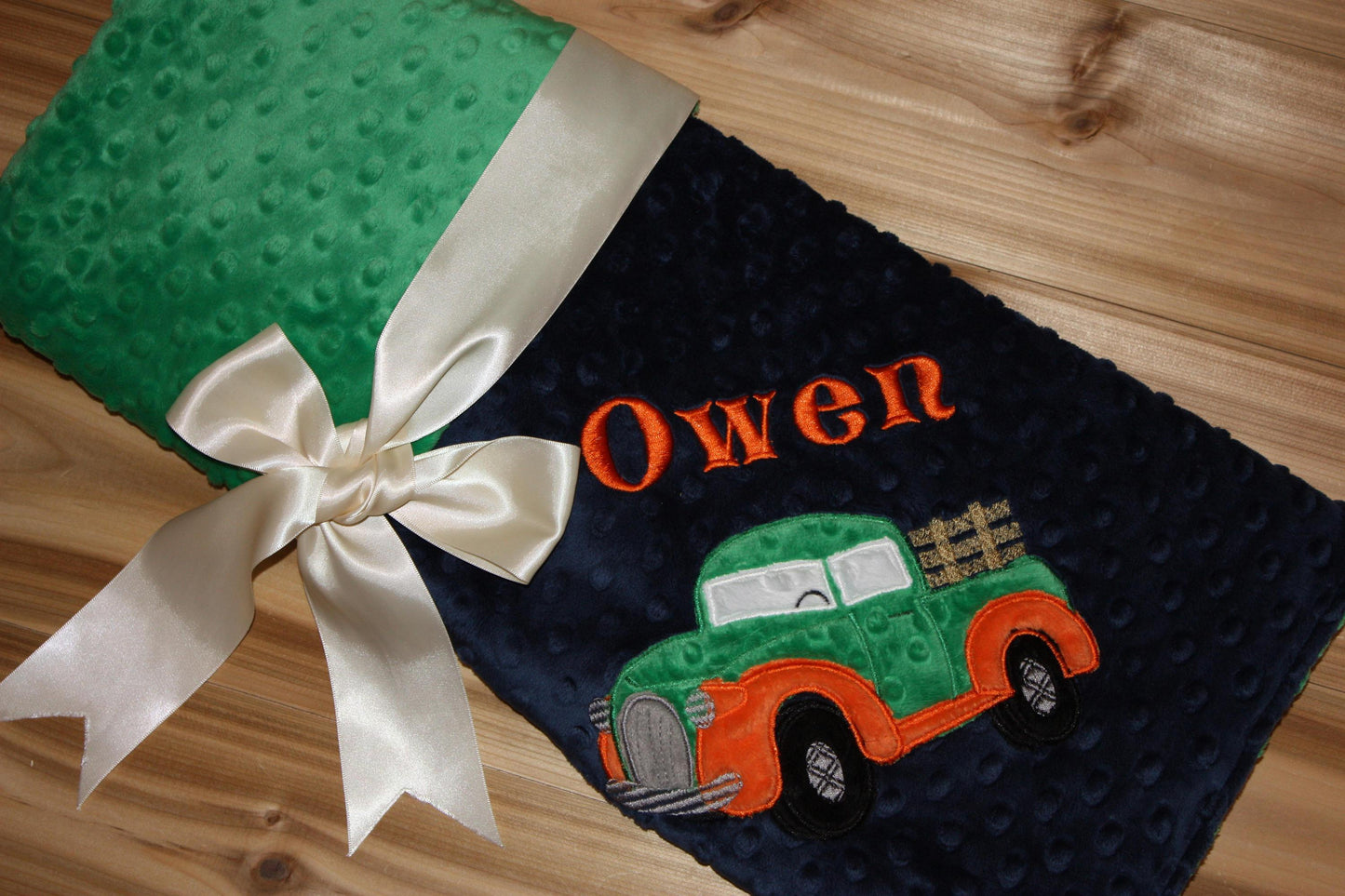 Antique Truck -Personalized Minky Baby Blanket - Green and orange Minky - Embroidered Antique Truck