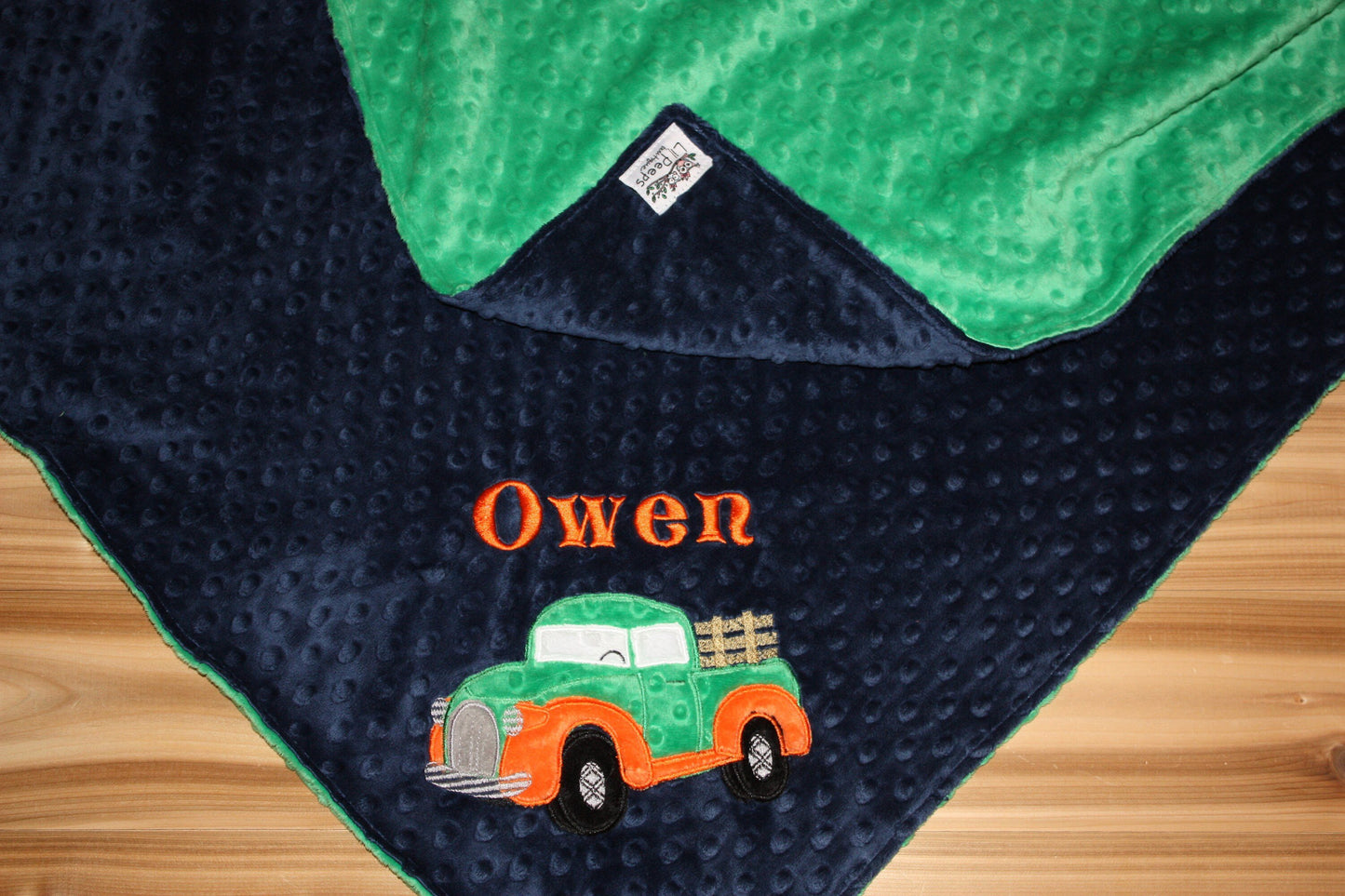 Antique Truck -Personalized Minky Baby Blanket - Green and orange Minky - Embroidered Antique Truck