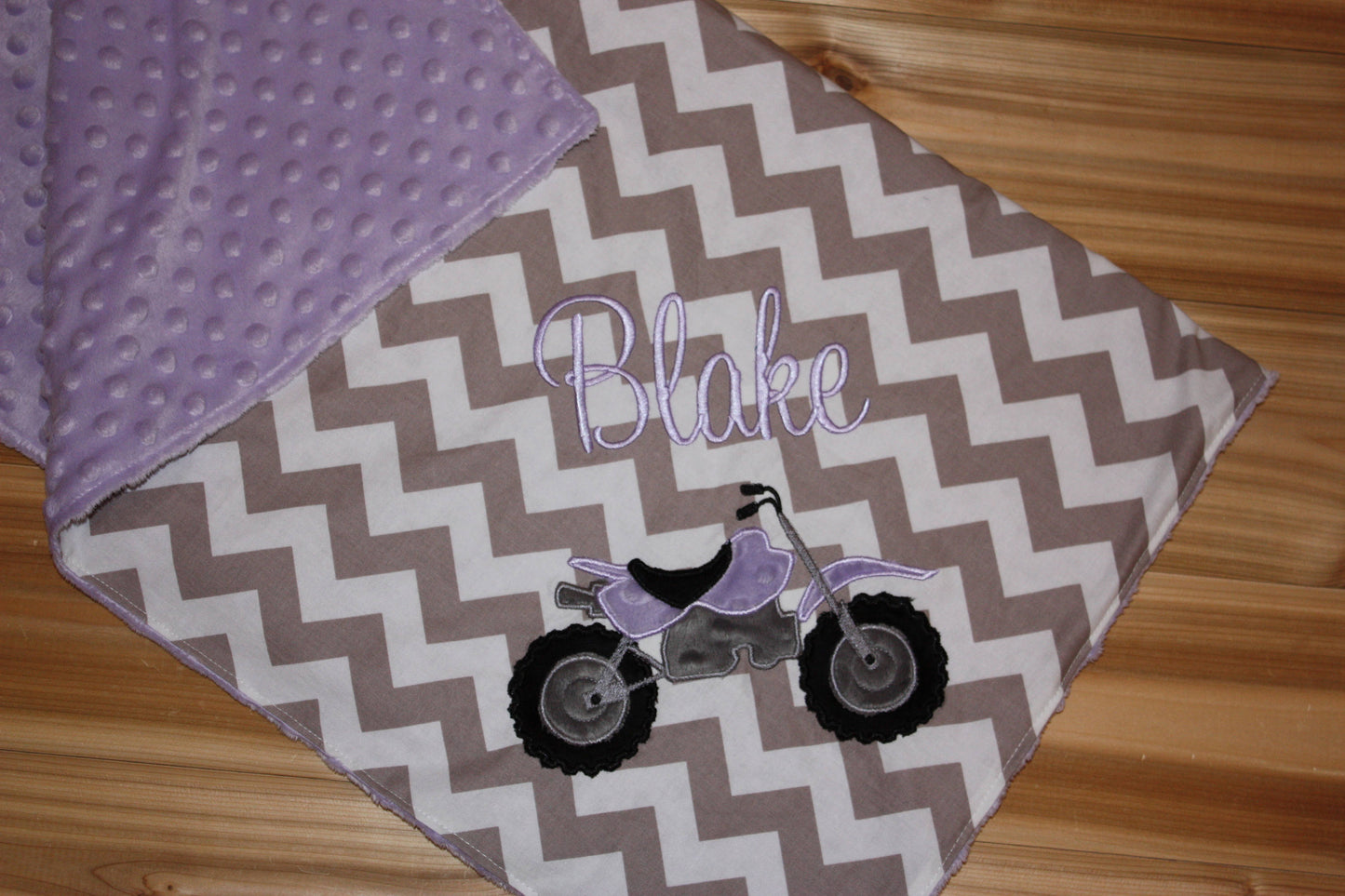 Dirt Bike- Personalized Minky Baby Blanket - Gray Chevron / Lavender Minky - Embroidered Dirt Bike