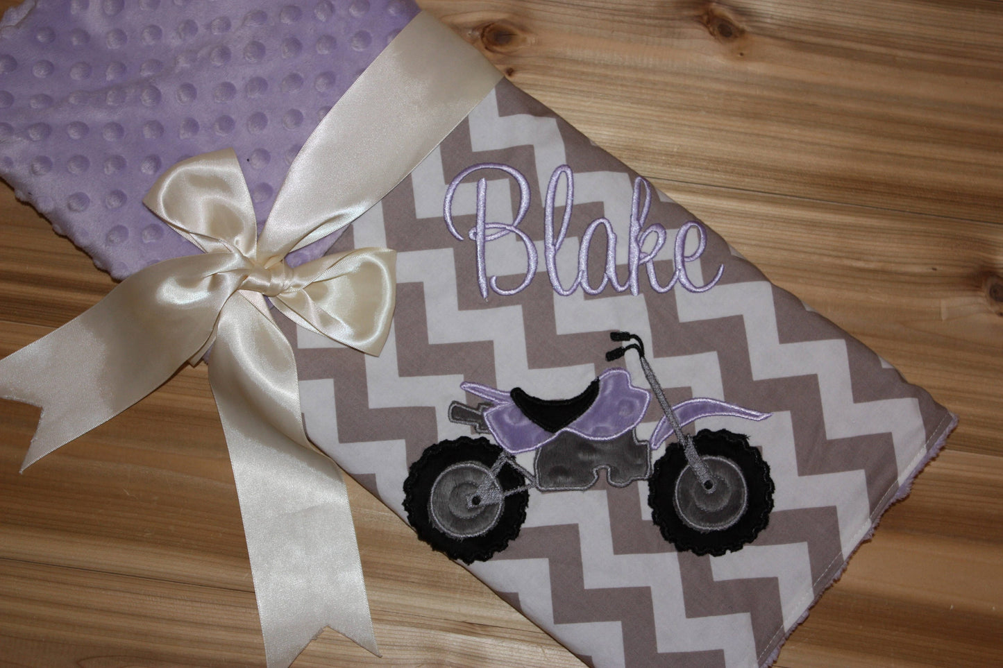 Dirt Bike- Personalized Minky Baby Blanket - Gray Chevron / Lavender Minky - Embroidered Dirt Bike