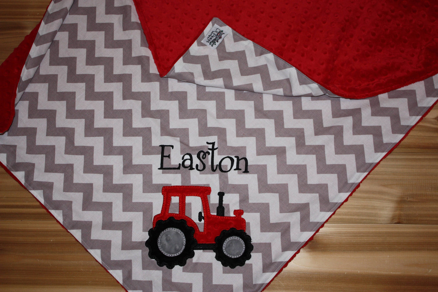 Tractor  - Chevron & Minky Baby Blanket with Embroidered Tractor