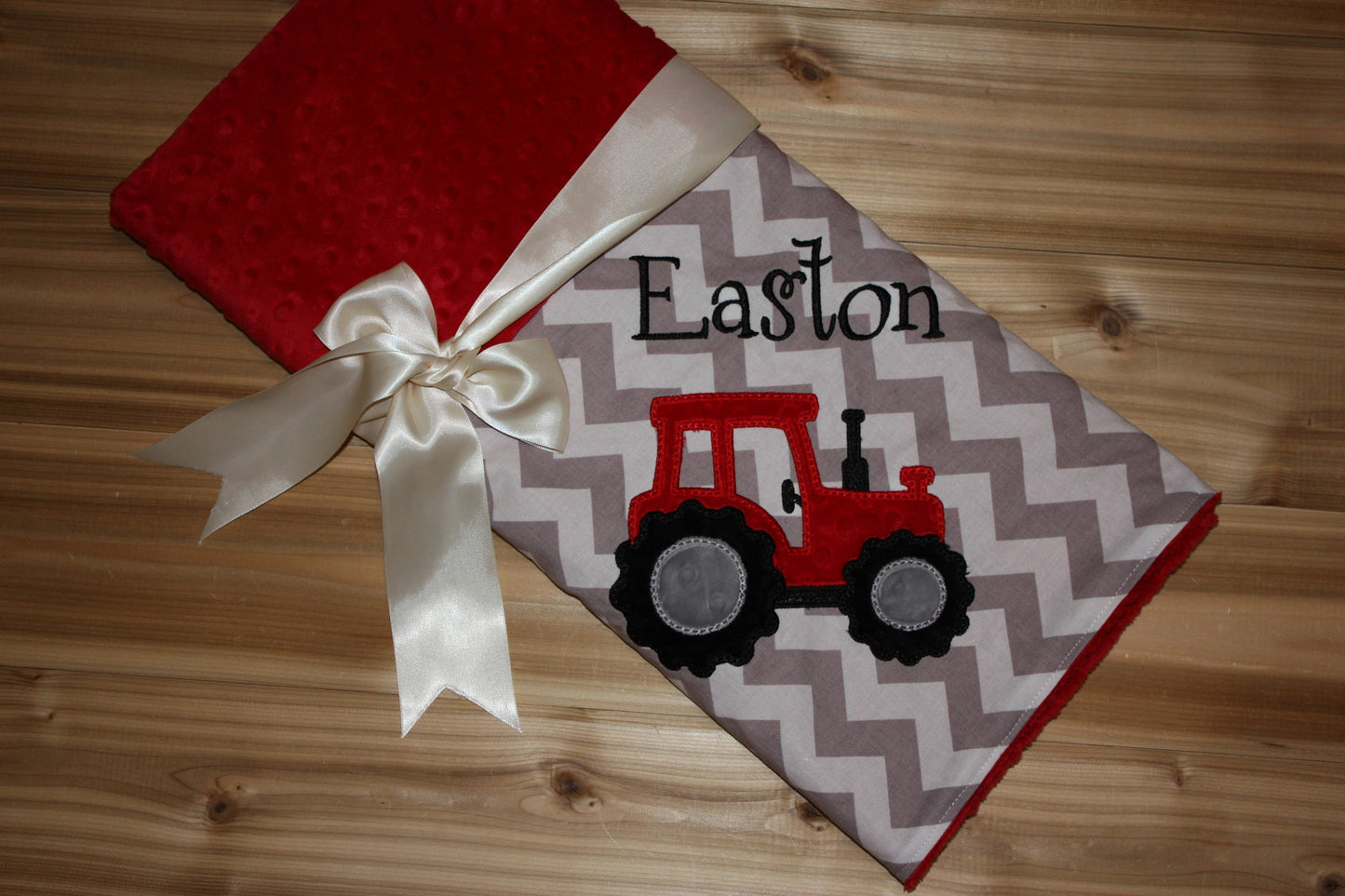 Tractor  - Chevron & Minky Baby Blanket with Embroidered Tractor