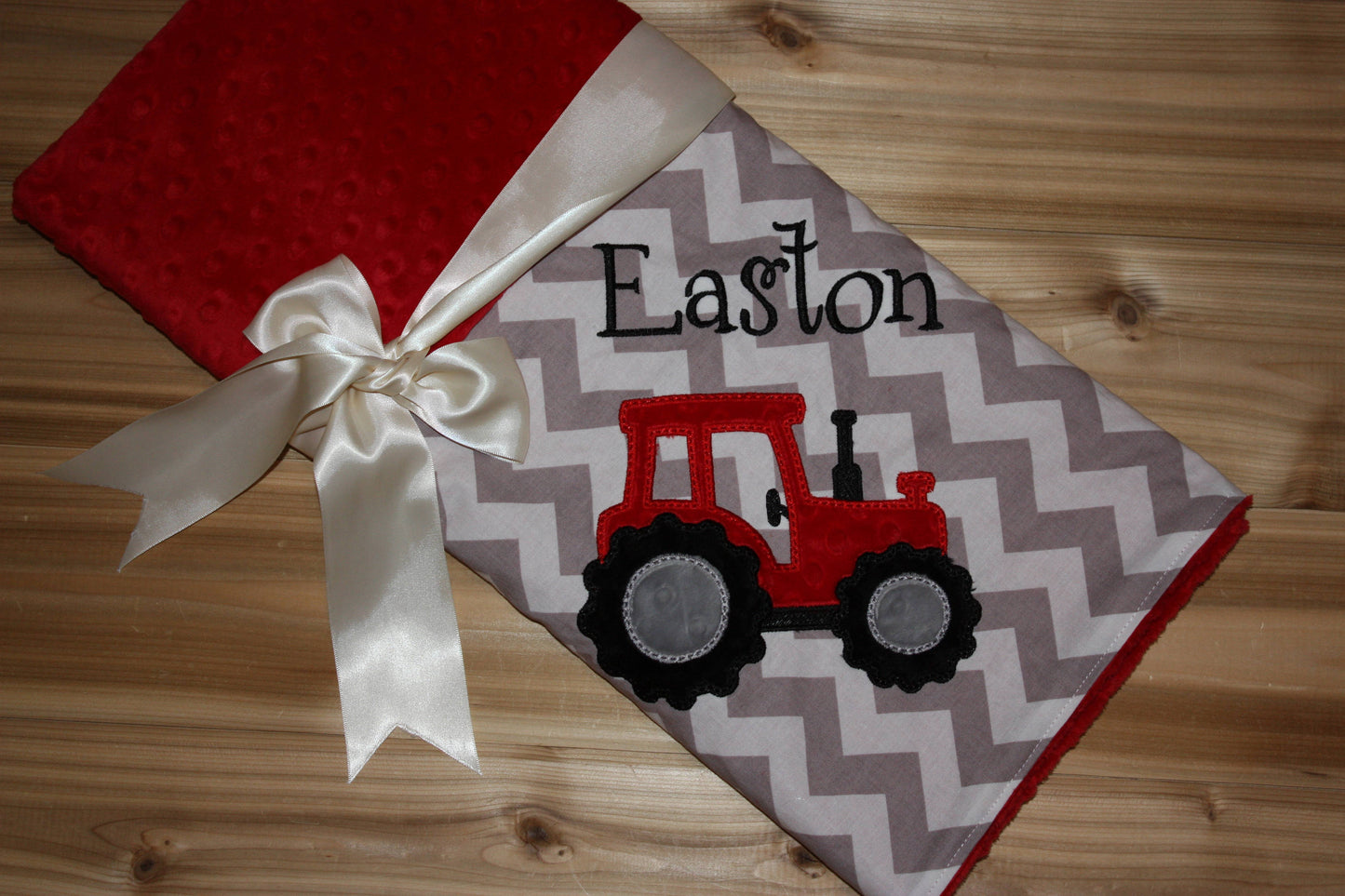 Tractor  - Chevron & Minky Baby Blanket with Embroidered Tractor