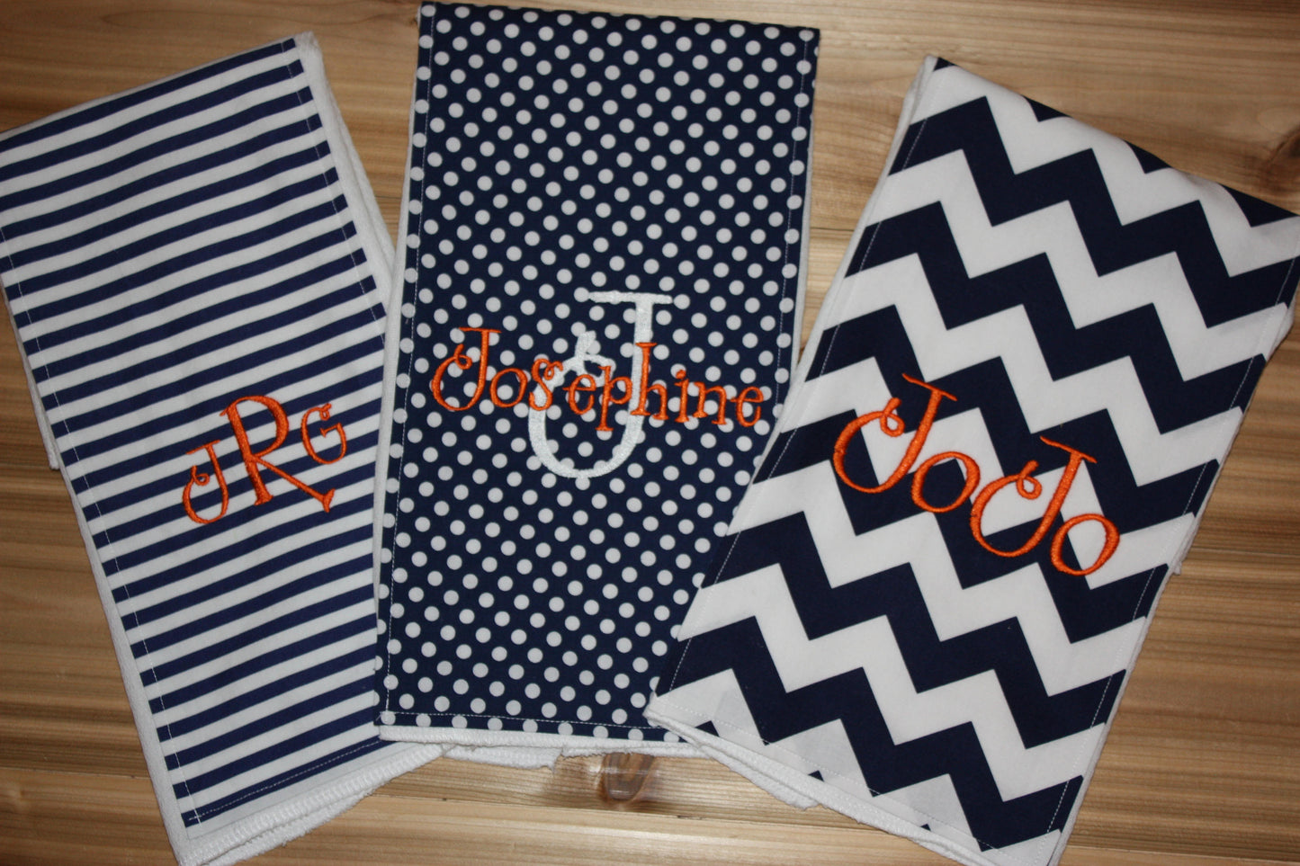 Personalized Burp Cloth Set of 3 - Navy Chevron, Navy & White Stripes and Navy Polka Dots