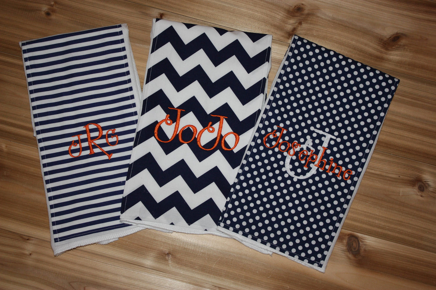 Personalized Burp Cloth Set of 3 - Navy Chevron, Navy & White Stripes and Navy Polka Dots