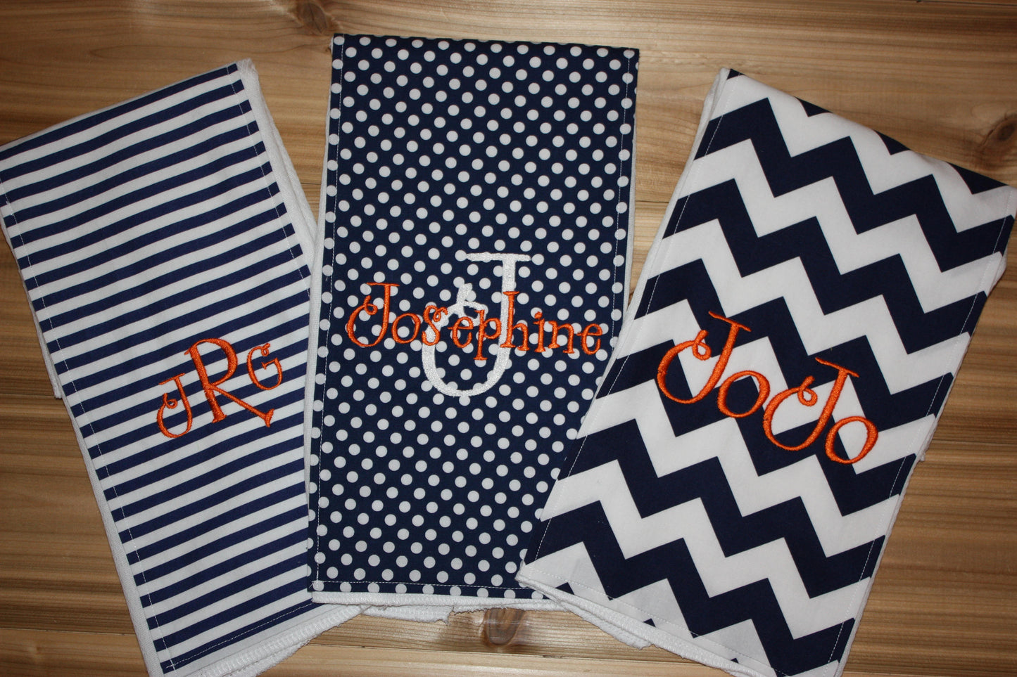 Personalized Burp Cloth Set of 3 - Navy Chevron, Navy & White Stripes and Navy Polka Dots