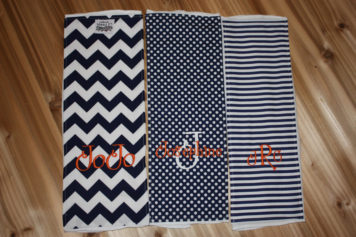 Personalized Burp Cloth Set of 3 - Navy Chevron, Navy & White Stripes and Navy Polka Dots