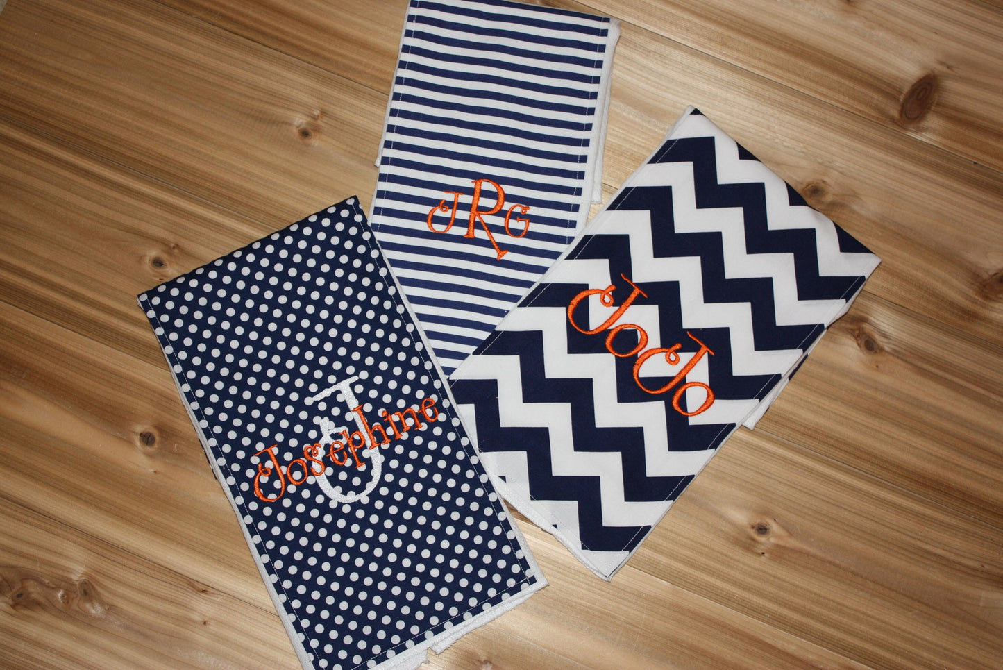 Personalized Burp Cloth Set of 3 - Navy Chevron, Navy & White Stripes and Navy Polka Dots