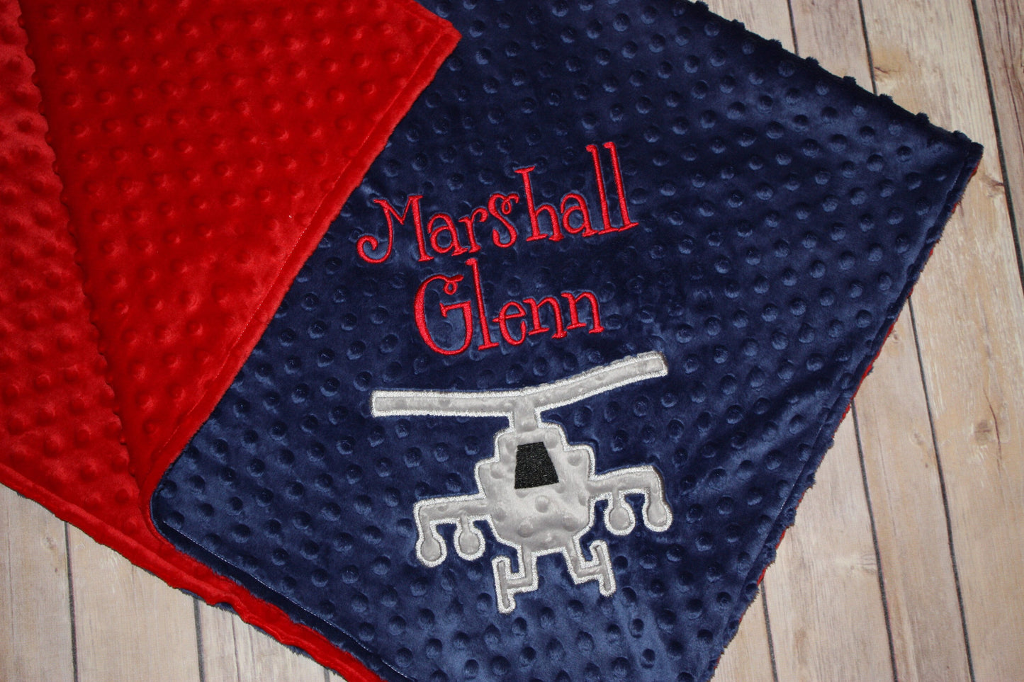 Apache Helicopter - Personalized Minky Baby Blanket - Navy / Red Minky - Embroidered Apache Helicopter