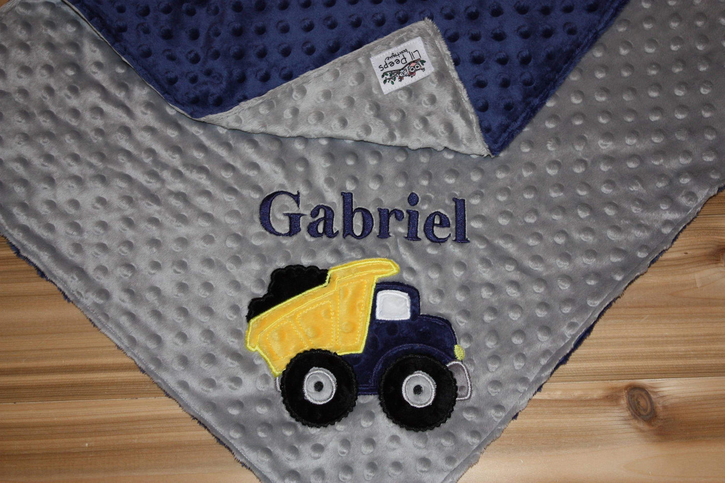 Dump Truck -Personalized Minky Baby Blanket - Navy Minky/ Gray Minky - Embroidered Dump Truck