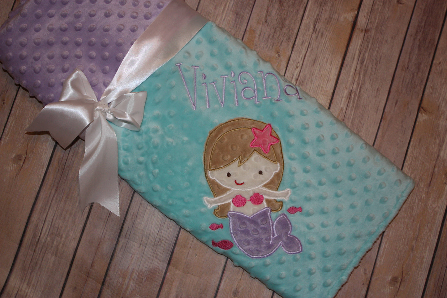 Mermaid- Personalized Minky Baby Blanket - Purple / Aqua  Minky - Embroidered Mermaid