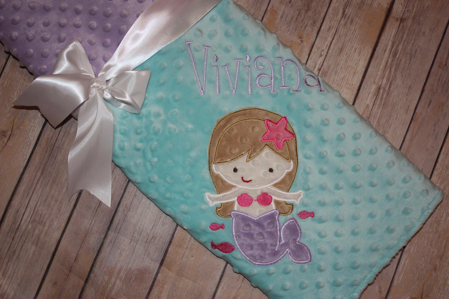 Mermaid- Personalized Minky Baby Blanket - Purple / Aqua  Minky - Embroidered Mermaid