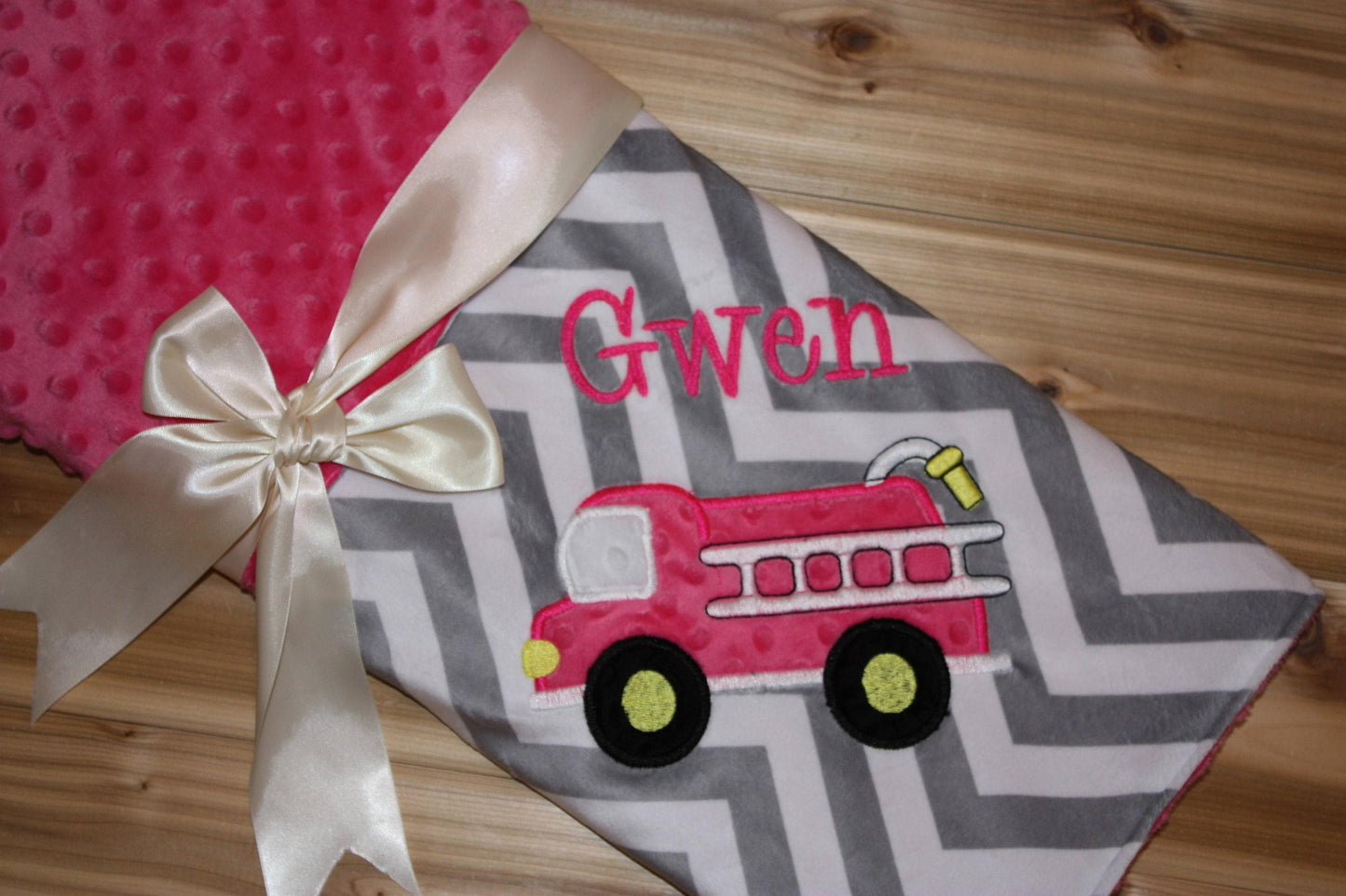 Firetruck Baby Blanket Gray & Pink Minky - Embroidered Firetruck