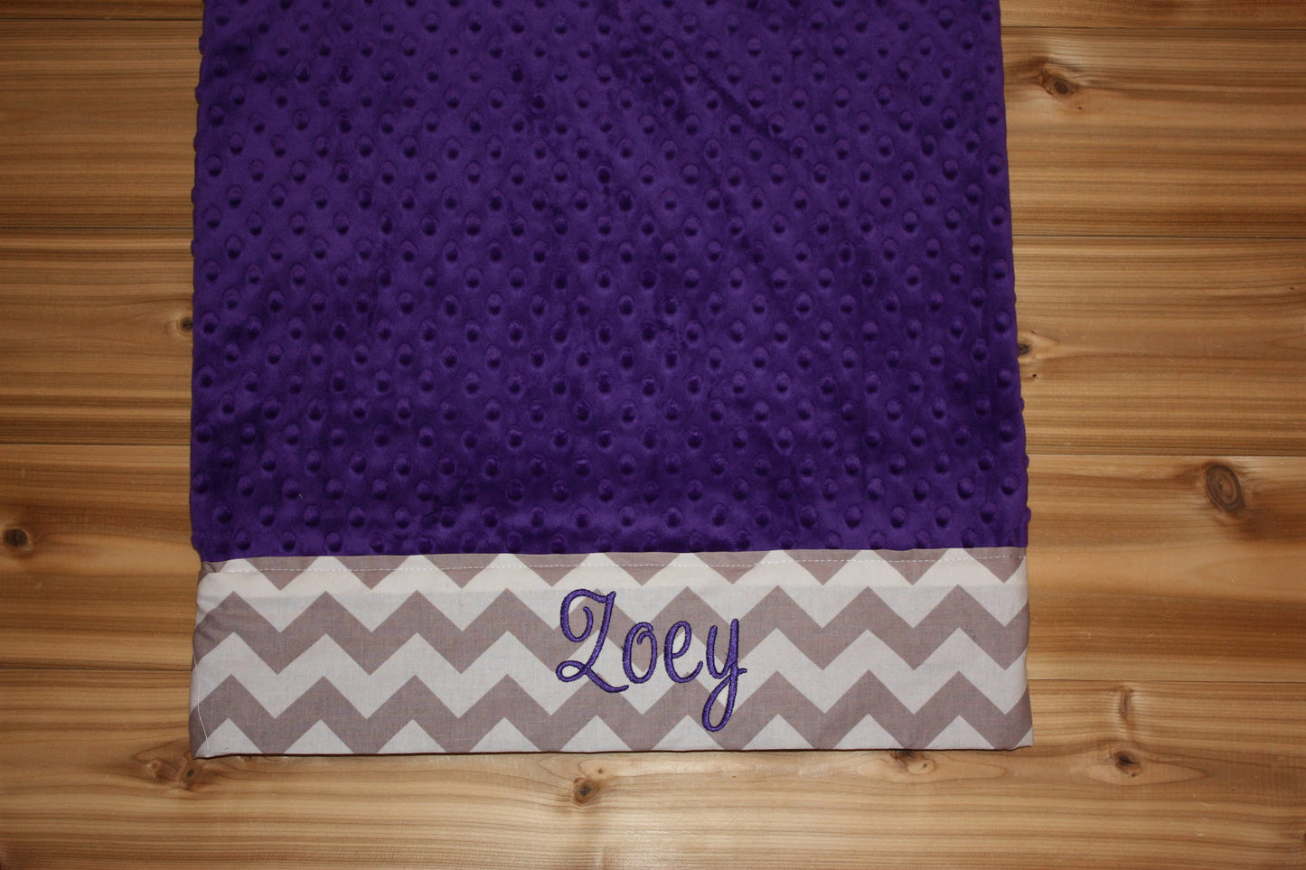 Personalized Minky Pillowcase  - Purple minky & Gray Chevron Trim