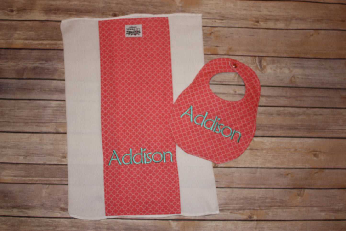 Coral Quatrefoil  - Personalized Boutique Bib and Burp cloth set