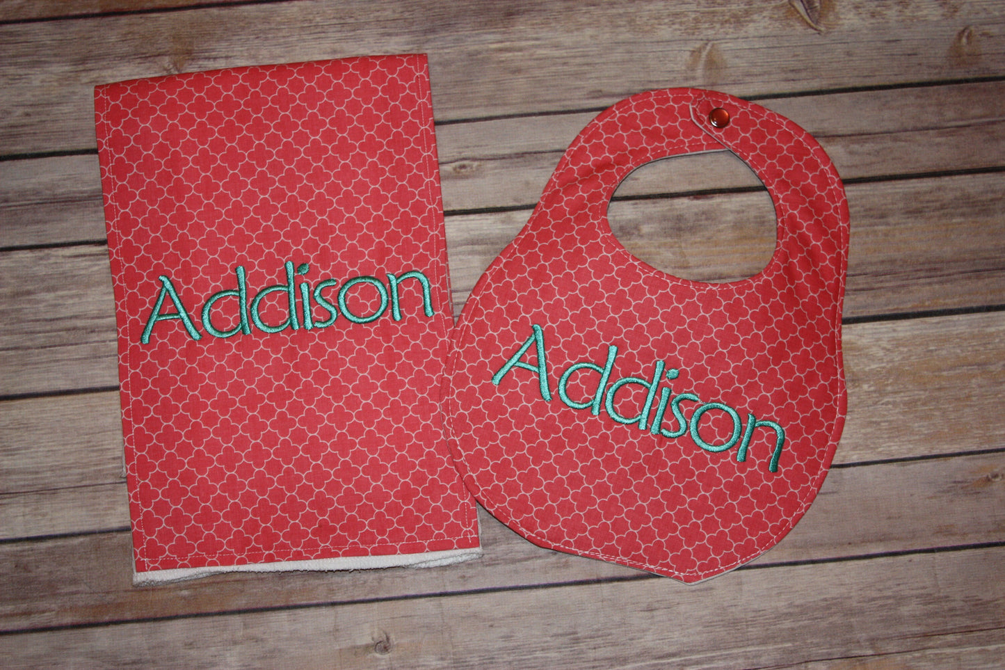 Coral Quatrefoil  - Personalized Boutique Bib and Burp cloth set