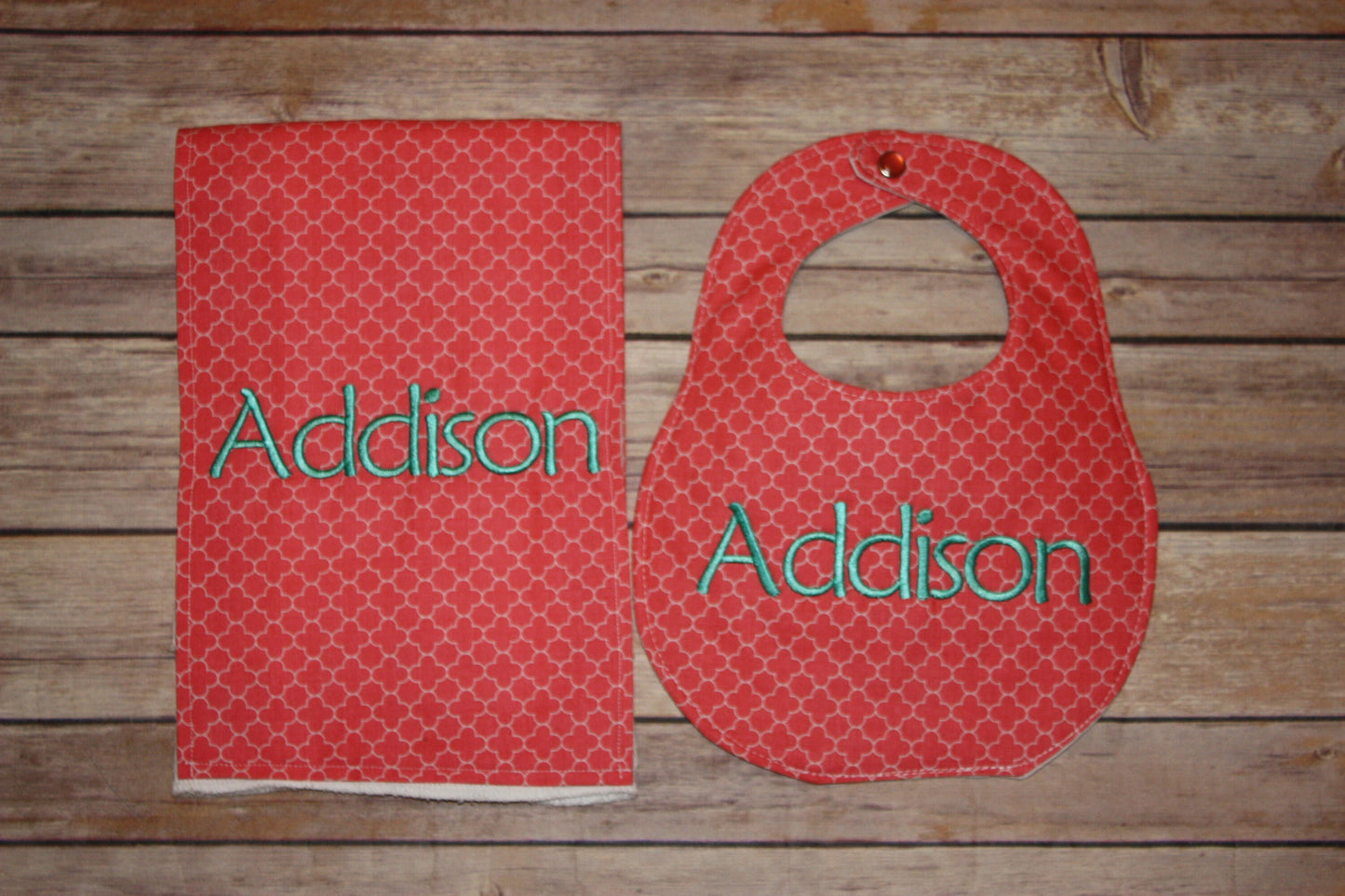 Coral Quatrefoil  - Personalized Boutique Bib and Burp cloth set