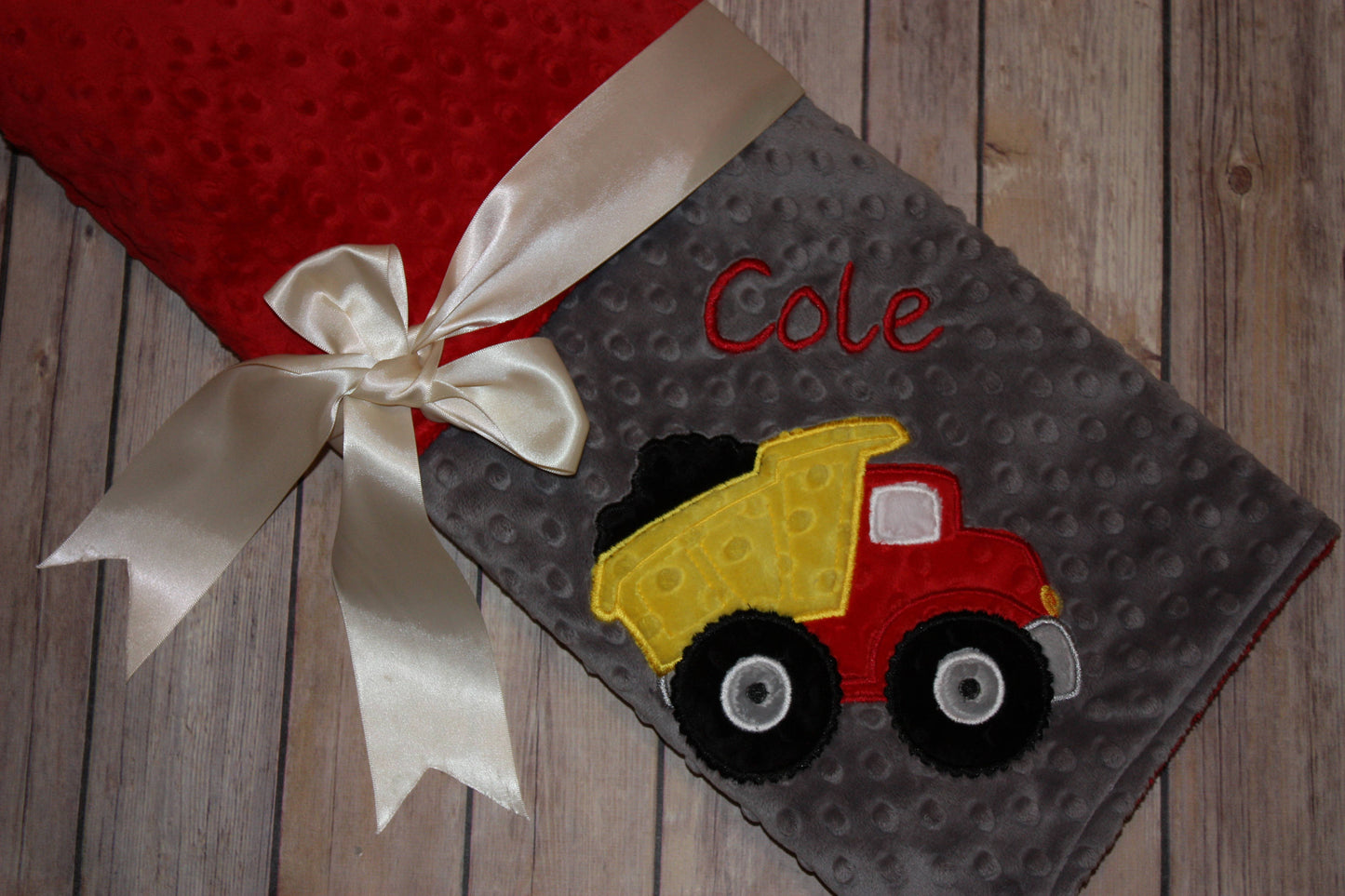 Dump Truck -Personalized Minky Baby Blanket - Red Minky/ Gray Minky - Embroidered Dump Truck