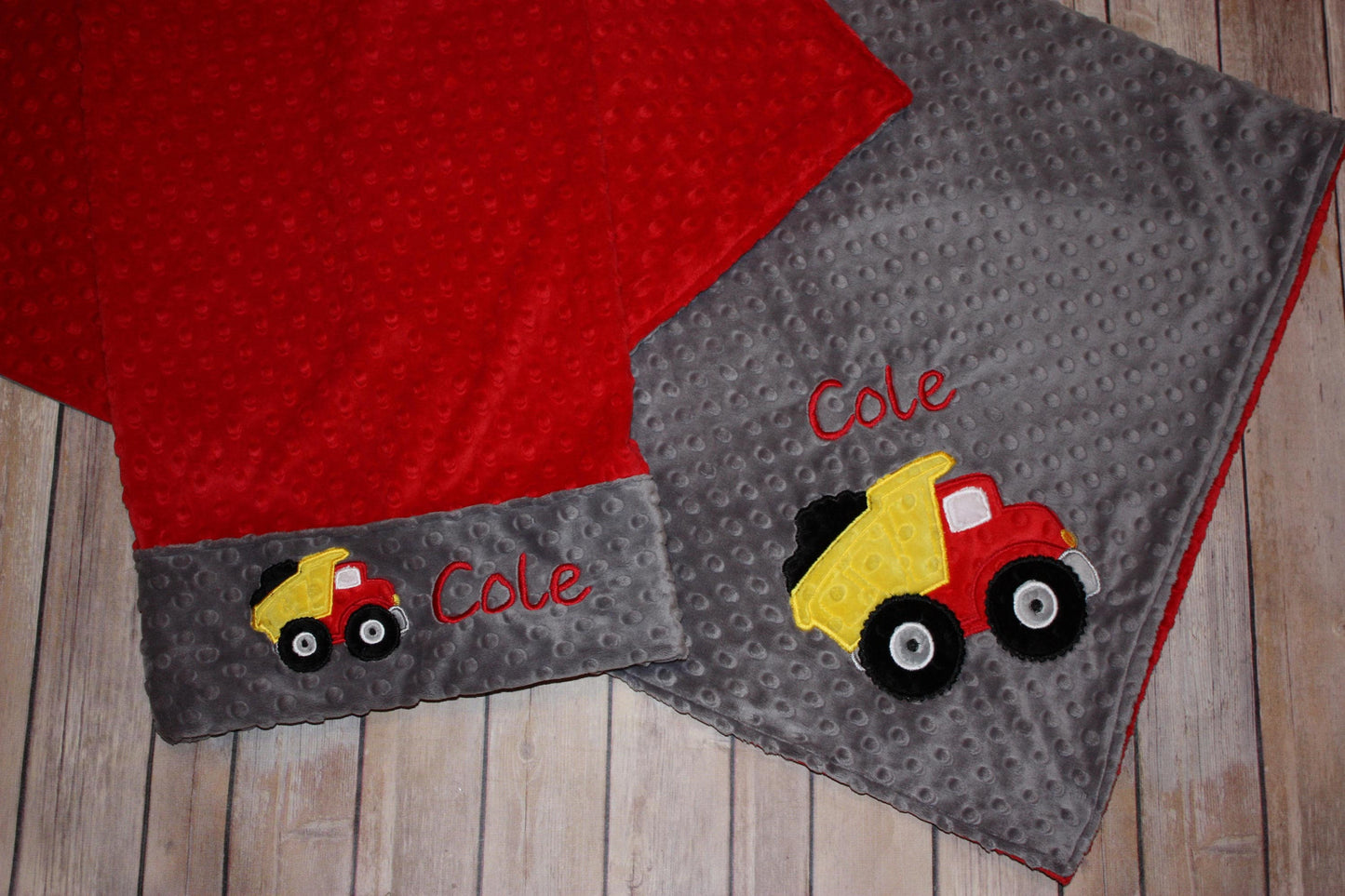 Dump Truck -Personalized Minky Baby Blanket - Red Minky/ Gray Minky - Embroidered Dump Truck