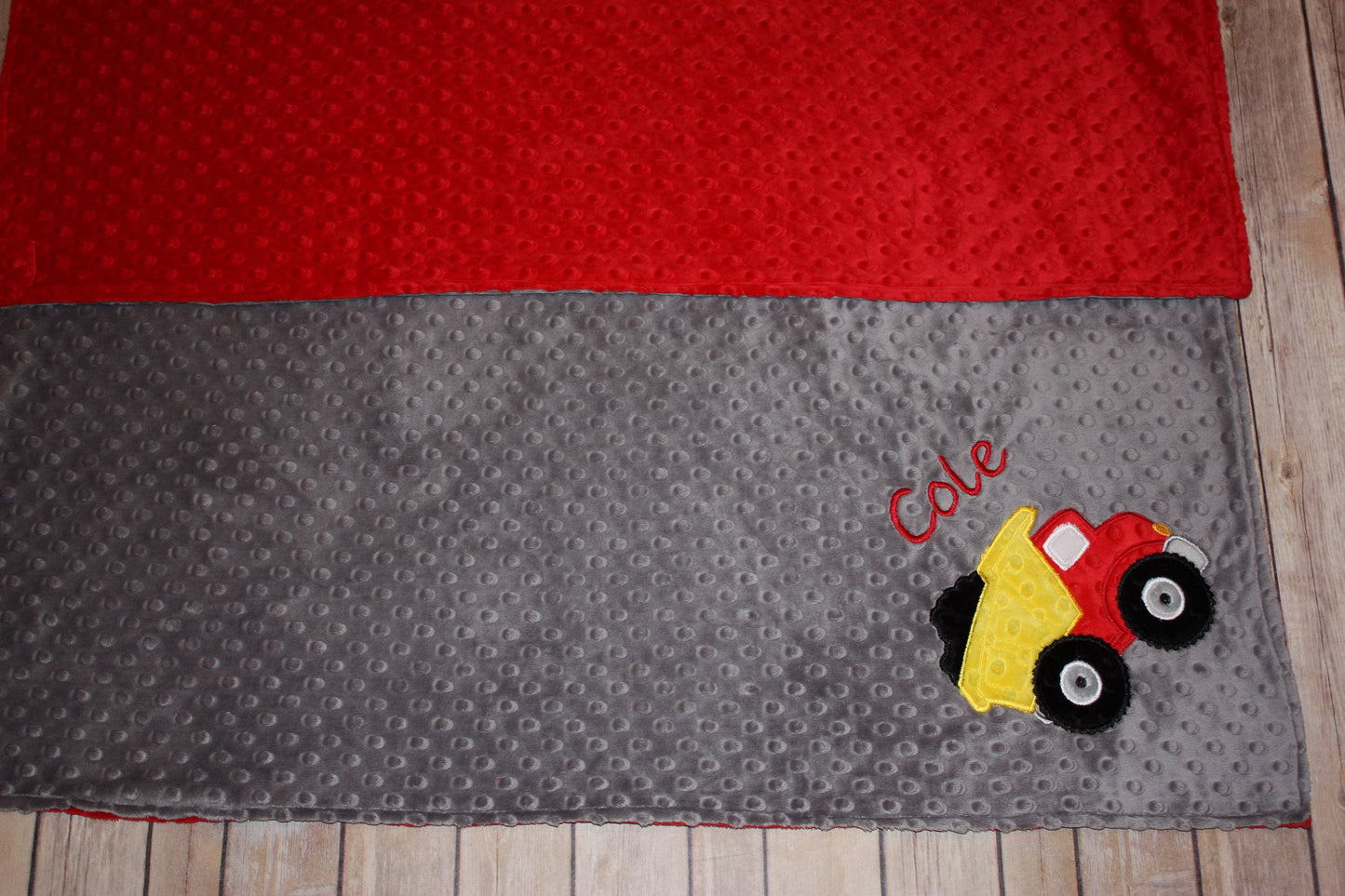 Dump Truck -Personalized Minky Baby Blanket - Red Minky/ Gray Minky - Embroidered Dump Truck