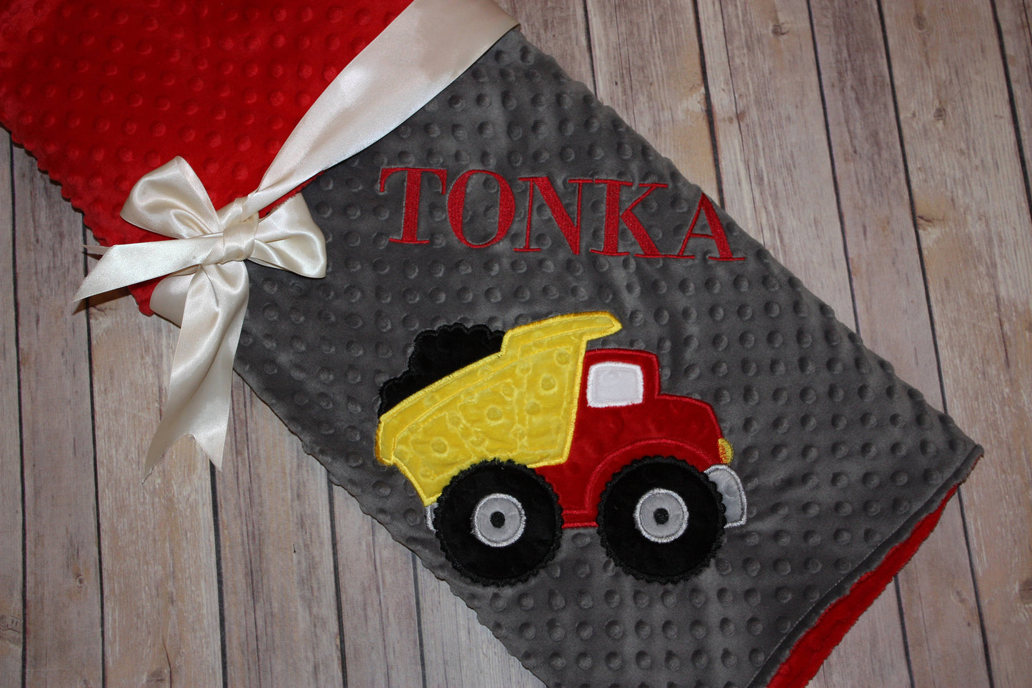 Dump Truck -Personalized Minky Baby Blanket - Red Minky/ Gray Minky - Embroidered Dump Truck