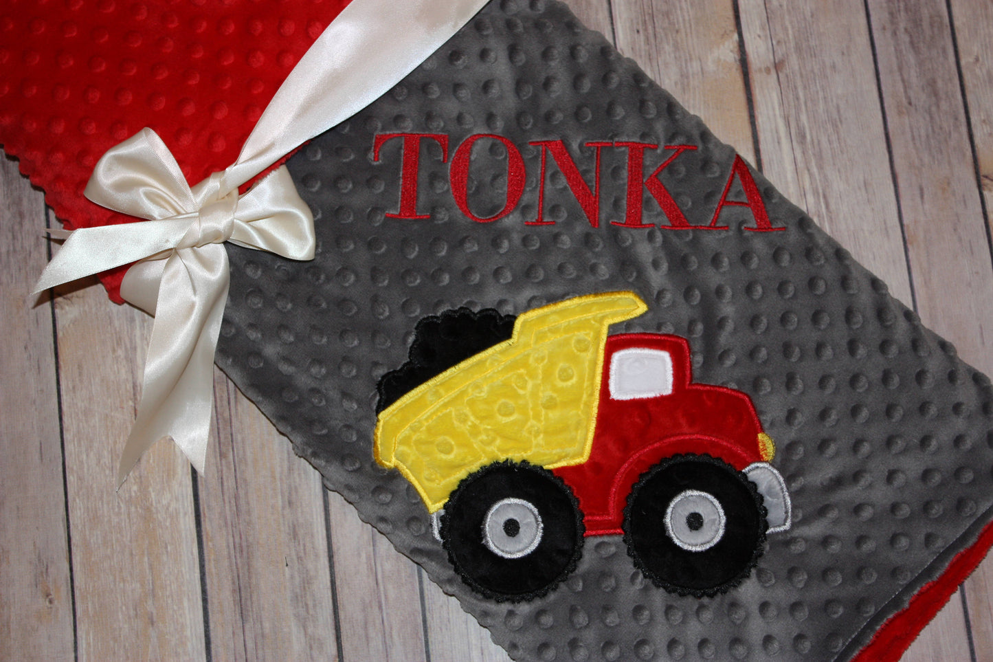 Dump Truck -Personalized Minky Baby Blanket - Red Minky/ Gray Minky - Embroidered Dump Truck